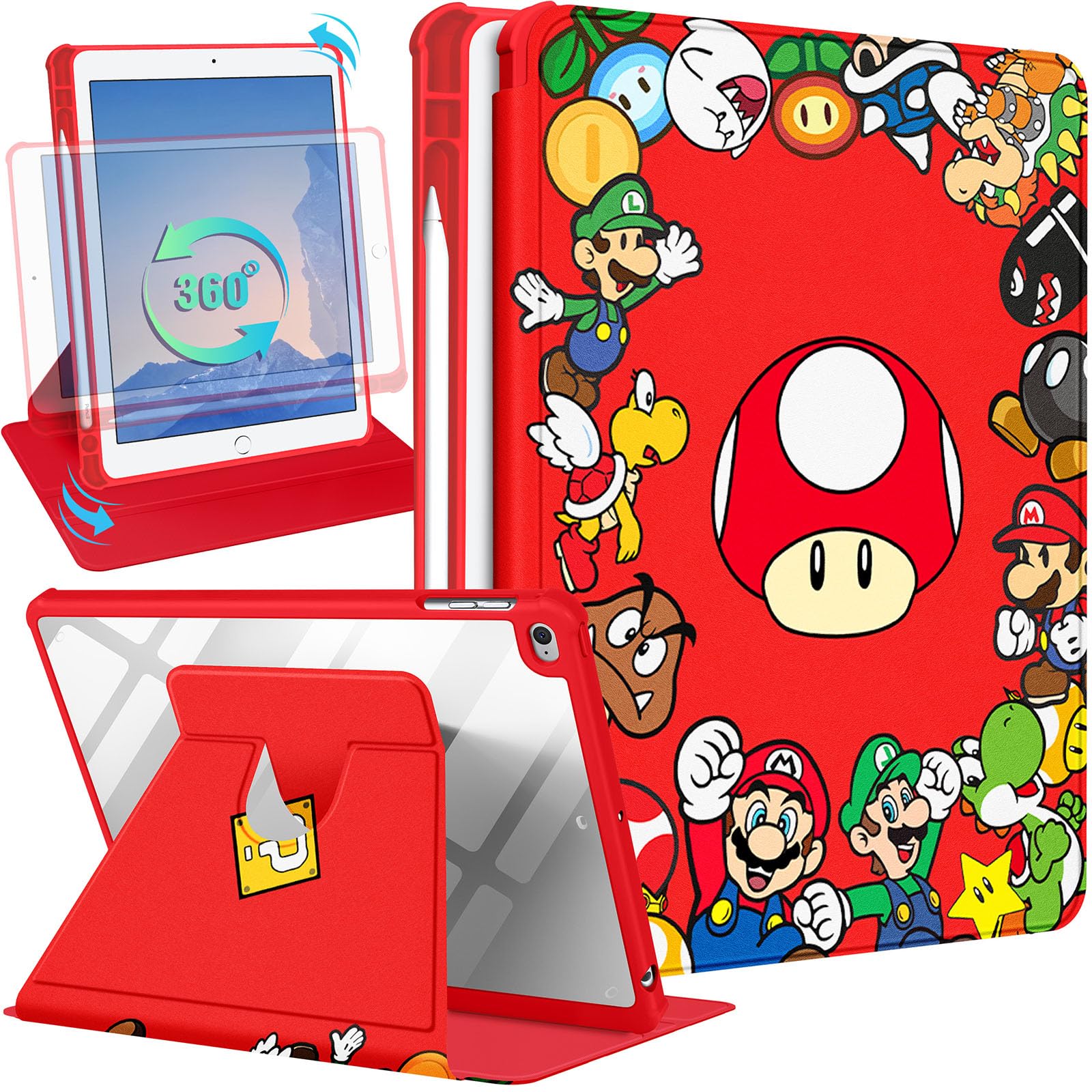 Trendy Fan for iPad Air 2/Air 1/for iPad 5th/6th Generation/Pro 9.7 inch Case for Boys Kids Teen Girls Cartoon Cute Kawaii 360° Rotating Folio Stand Pencil Holder for Apple i Pad 9.7 inch Cover,Red