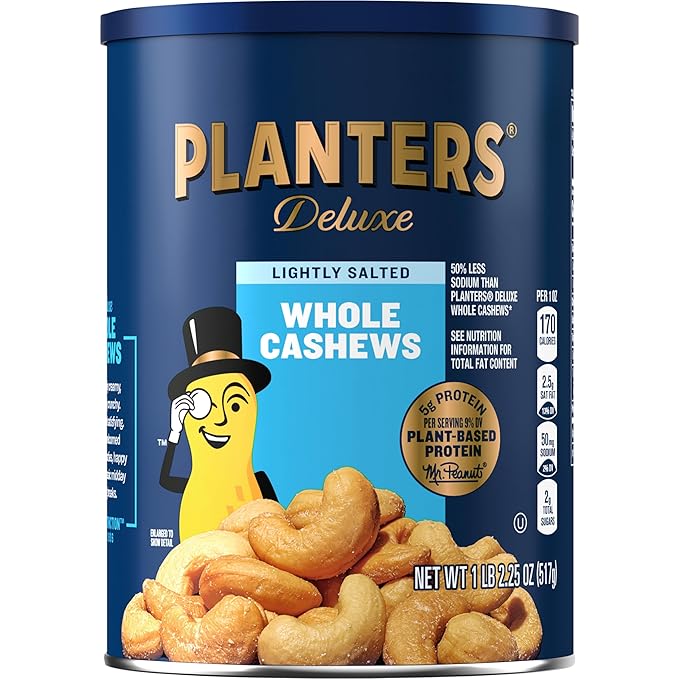 PLANTERS Deluxe Lightly Salted Cashews, Party Snacks, Plant-Based Protein, Quick Snack for Adults, After School Snack, Flavored with Sea Salt, Kosher, 1lb 2.25oz