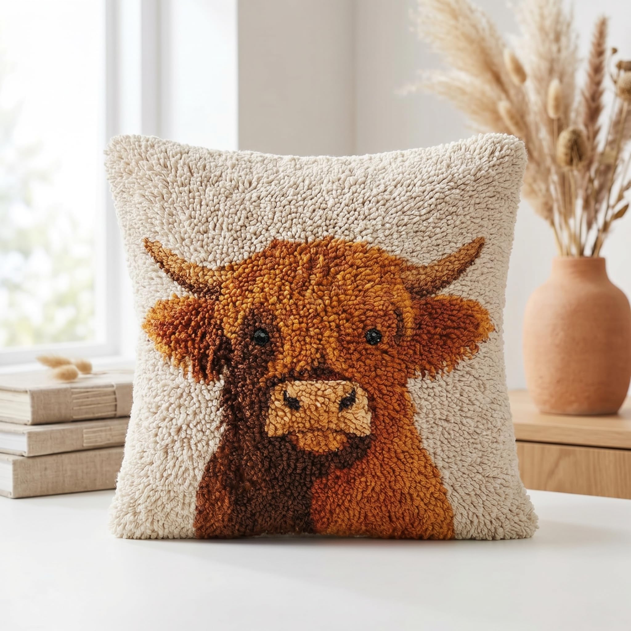Highland Cow Cushion Latch Hook Kits Adults, Pre-Printed DIY Embroidery Cushion Cover for Adults Beginners, Beginner-Friendly Rug Making Kit for Home Decor & Gifts 17x17in