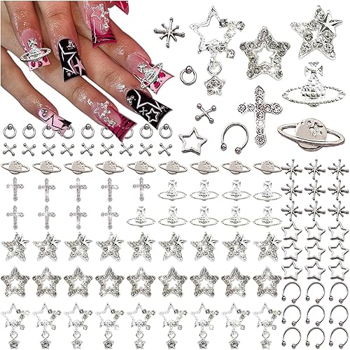 Nail Charms, Silver Star Nail Charms,3D Nail Charms for Acrylic Nails, Cross Nail Charms, 11 Styles 110 Pcs Nail Charms for Nails Design Art Supplies, for DIY Nail Manicure Craft