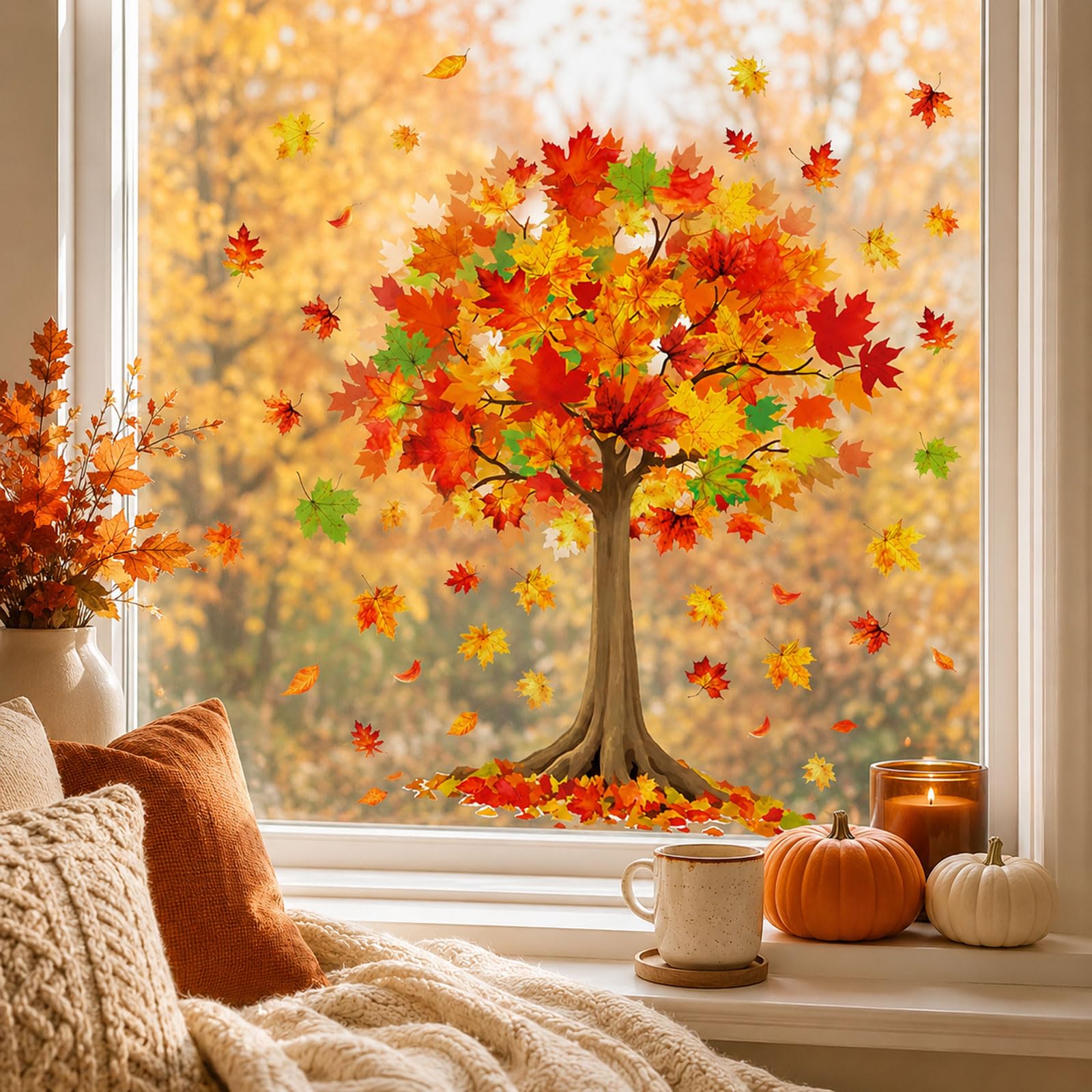 Rokahebi 6 Sheets Fall Window Stickers, Autumn Maple Window Clings Decor