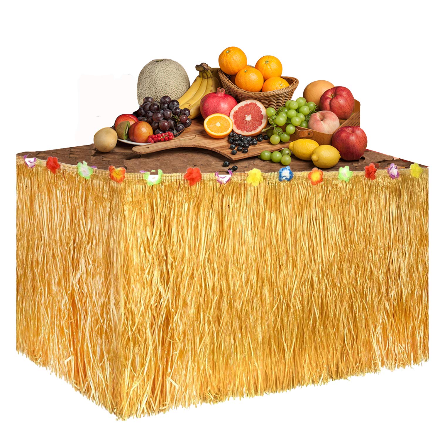 Funny House Gonna Tavolo Hawaiana,Tovaglia da Tavolo 276 * 75 cm Hawaiian Luau Hibiscus Gonna da Tavolo in Erba con 30 Fiori di Seta Finto per Barbecue Beach Tiki Decorazioni per Feste