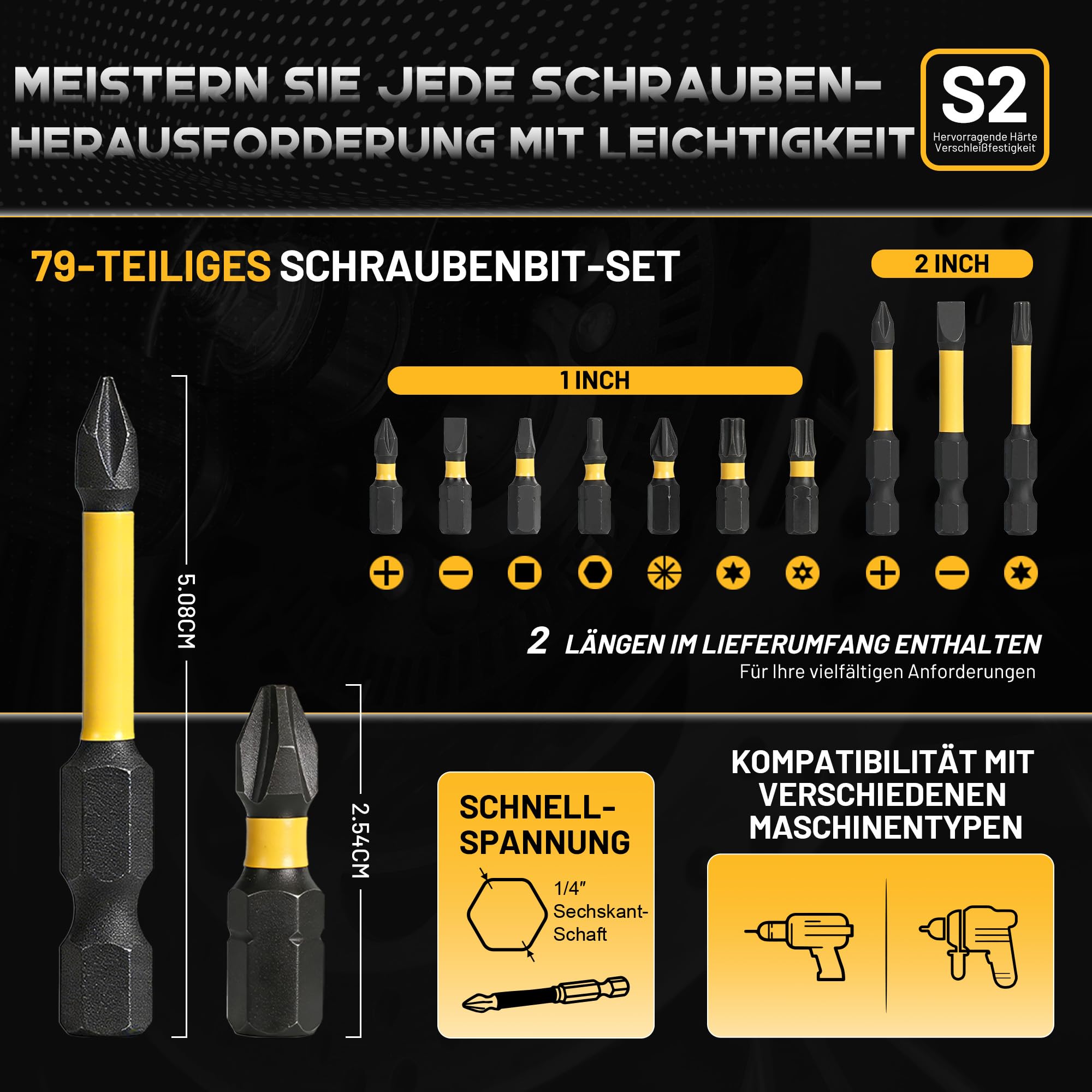 TOLESA Bohrer Set 105tlg für Holz, Metall und Mauerwerk, mit Koffer | Titanbeschichtete HSS-Bohrer, hartmetallbestückte Mauerbohrer, Holz-Spitzbohrer, S2 Bits, magnetischer Bithalter, Koffer
