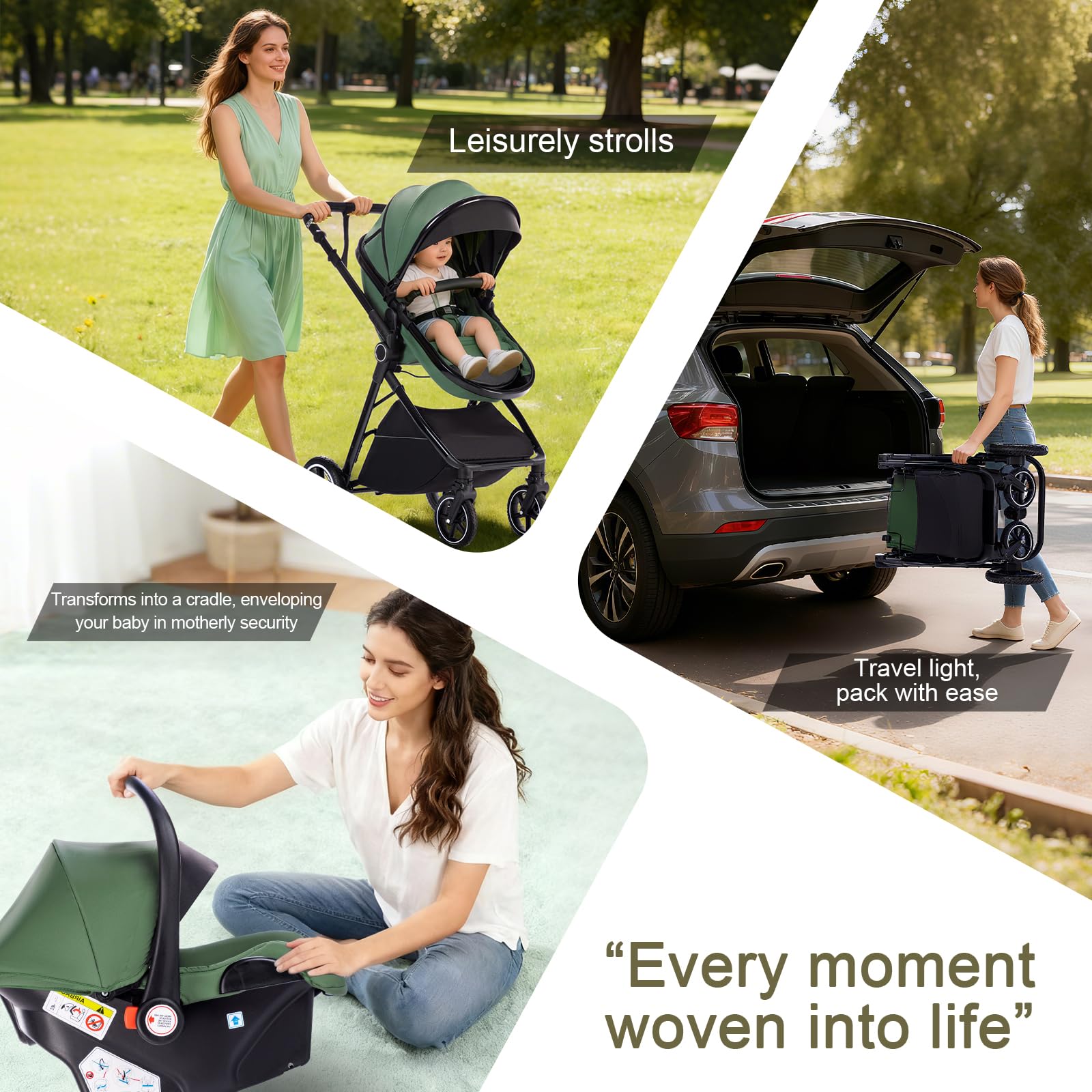 Zkiprm Carrito de Bebe 3 en 1, Conjunto Plegable Portátil con un solo Toque Carrito Bebe, Con Asiento y Reclinable Silla de Paseo, Incluye mosquitera, funda para la lluvia, portavasos, bolsa,0 a 3 año