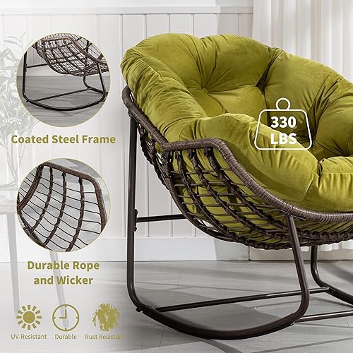 Miniatura 10 de Villeston Mecedora Papasan para exteriores, silla mecedora para patio interior, mecedora de huevos con cojín para porche delantero, salón, césped,