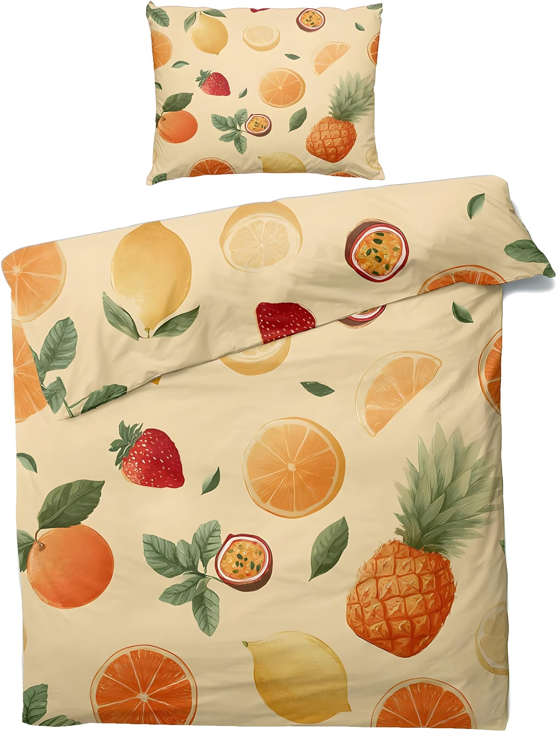 Housse de couette 90x190 enfant parure de lit microfibre douce jaune fruits