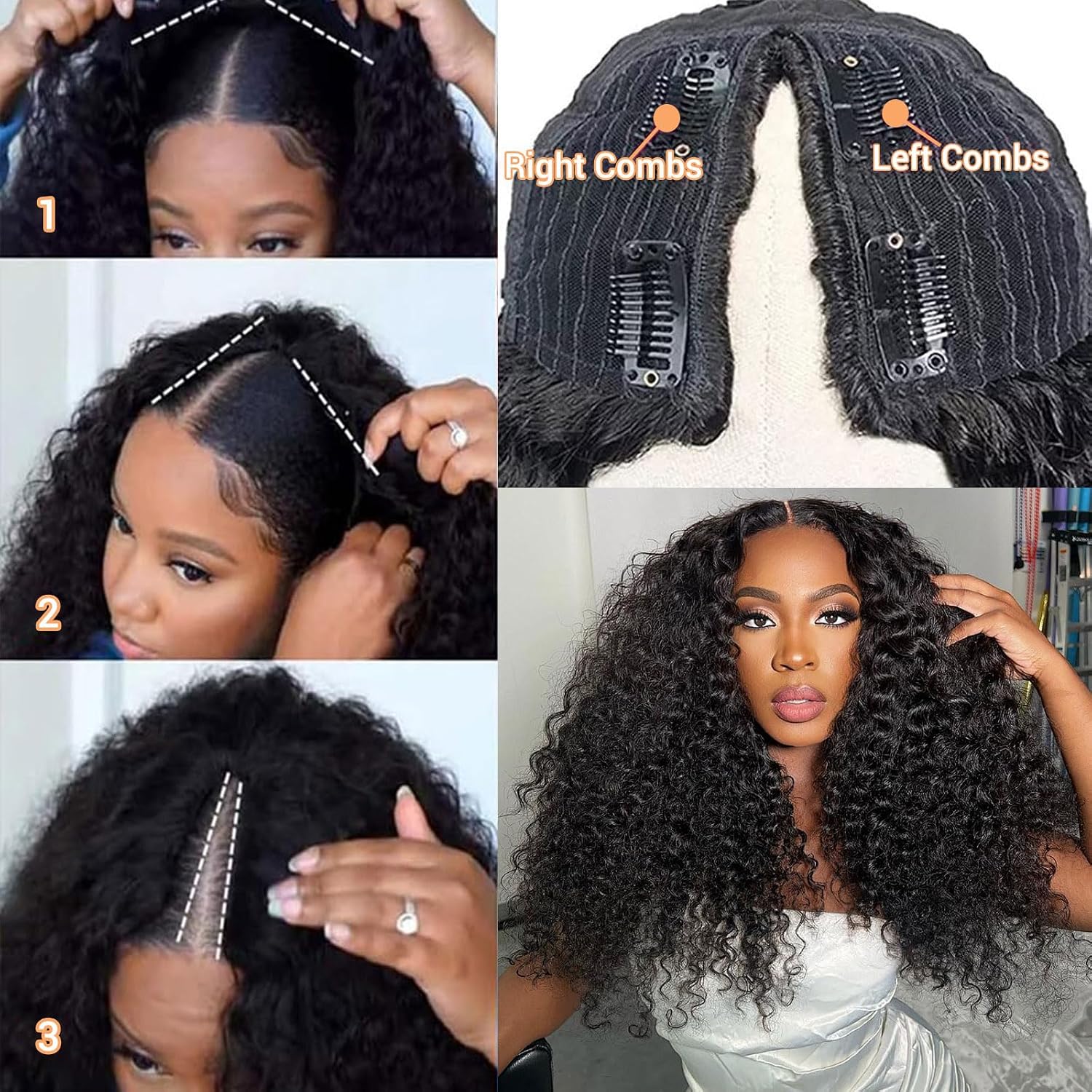 V Part Wig Human Hair Kinky Curly Upgrade U Part With Adjustable Drawstring 200% Density V Shape Clip In Half Wig for Women Natural Color 16 Inch