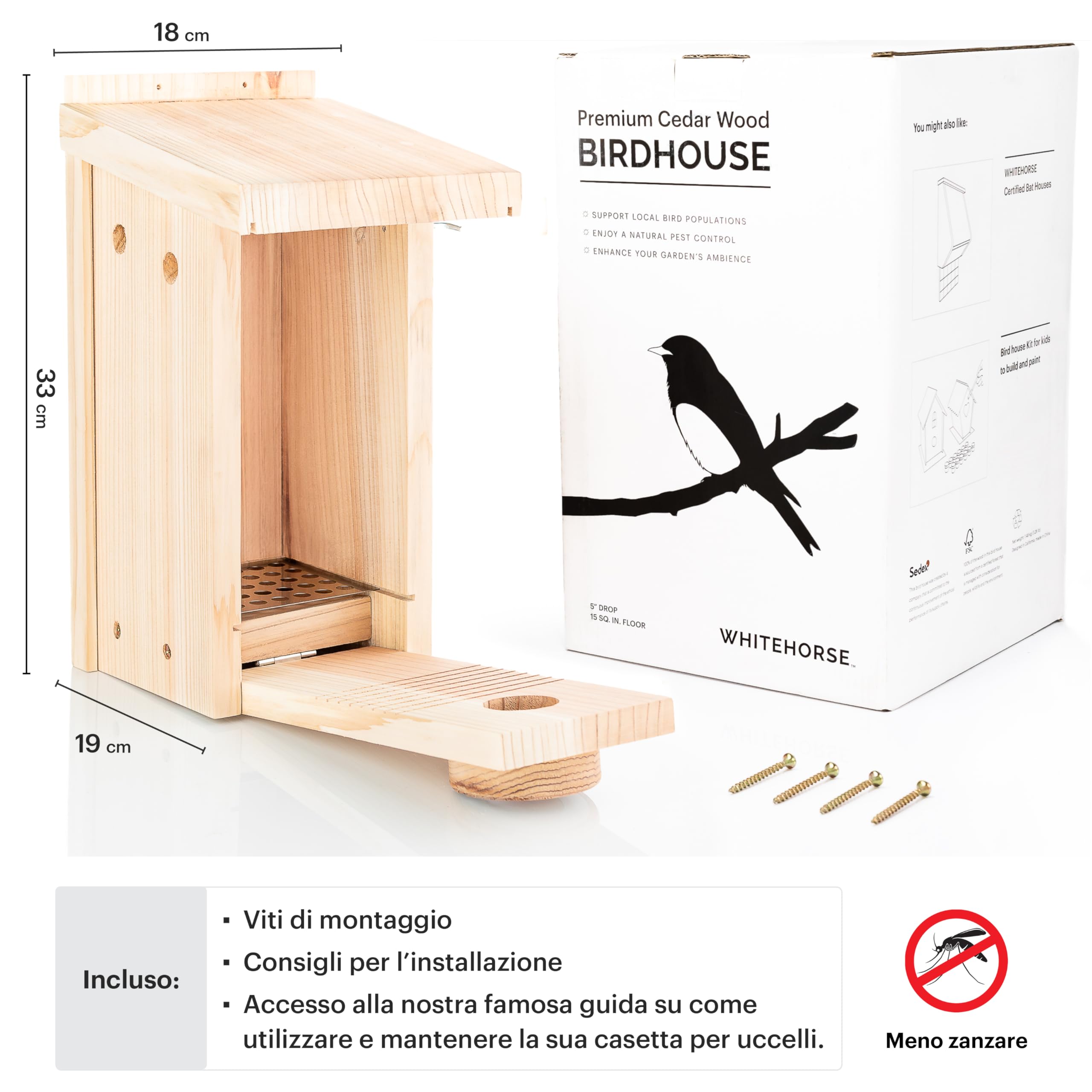 WHITEHORSE Casetta per uccelli - Una casetta per uccelli costruita secondo standard di qualità certificati - Goditi l'osservazione degli uccelli sostenendo le specie europee.