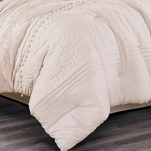 Miniatura 4 de Chezmoi Collection Grace - Juego de edredón de 7 piezas de felpilla bordada con pompones, diseño floral, color rosa rubor, tamaño matrimonial