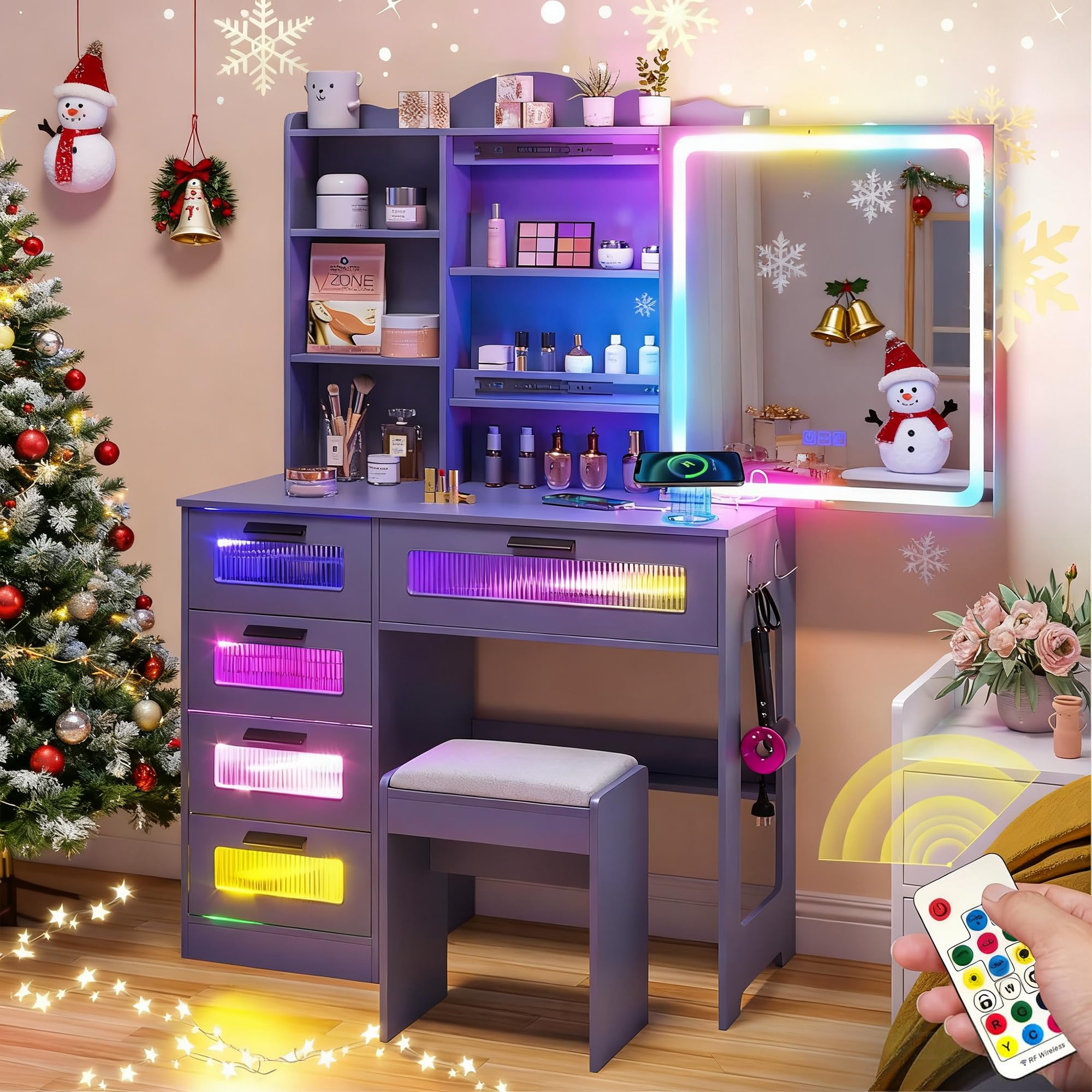 FOMNEY Vanity Desk with Mirror and Lights, RGB LED Makeup Vanity Desk with Charging Station, Vanity Set with Stools＆Sliding Touch Mirror, Women's
