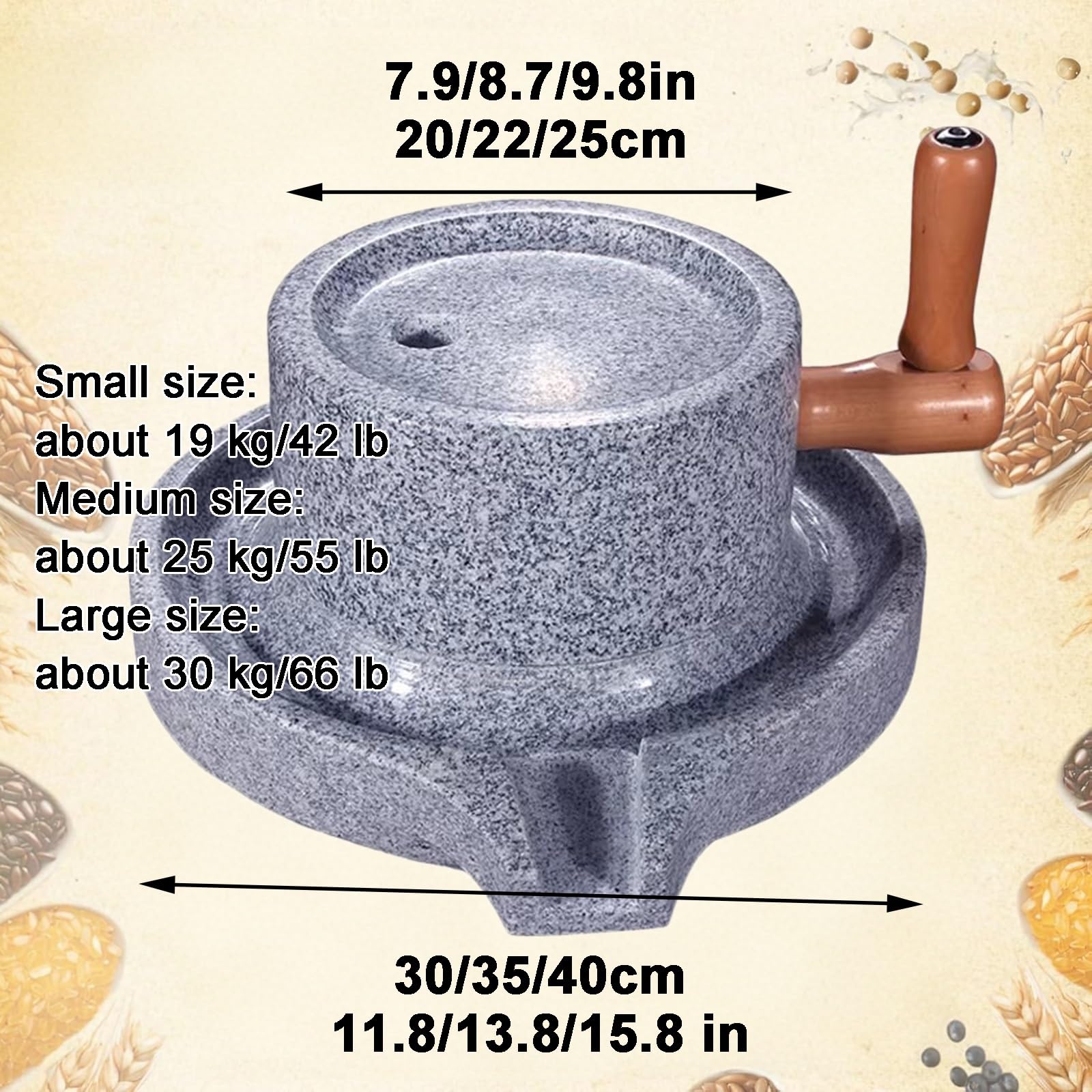 Ręczny młynek do ziarna kamienia, naturalny młynek do mąki z korbą ręczną ze stabilną drewnianą podstawą - trwała konstrukcja granitowa do frezowania domowego