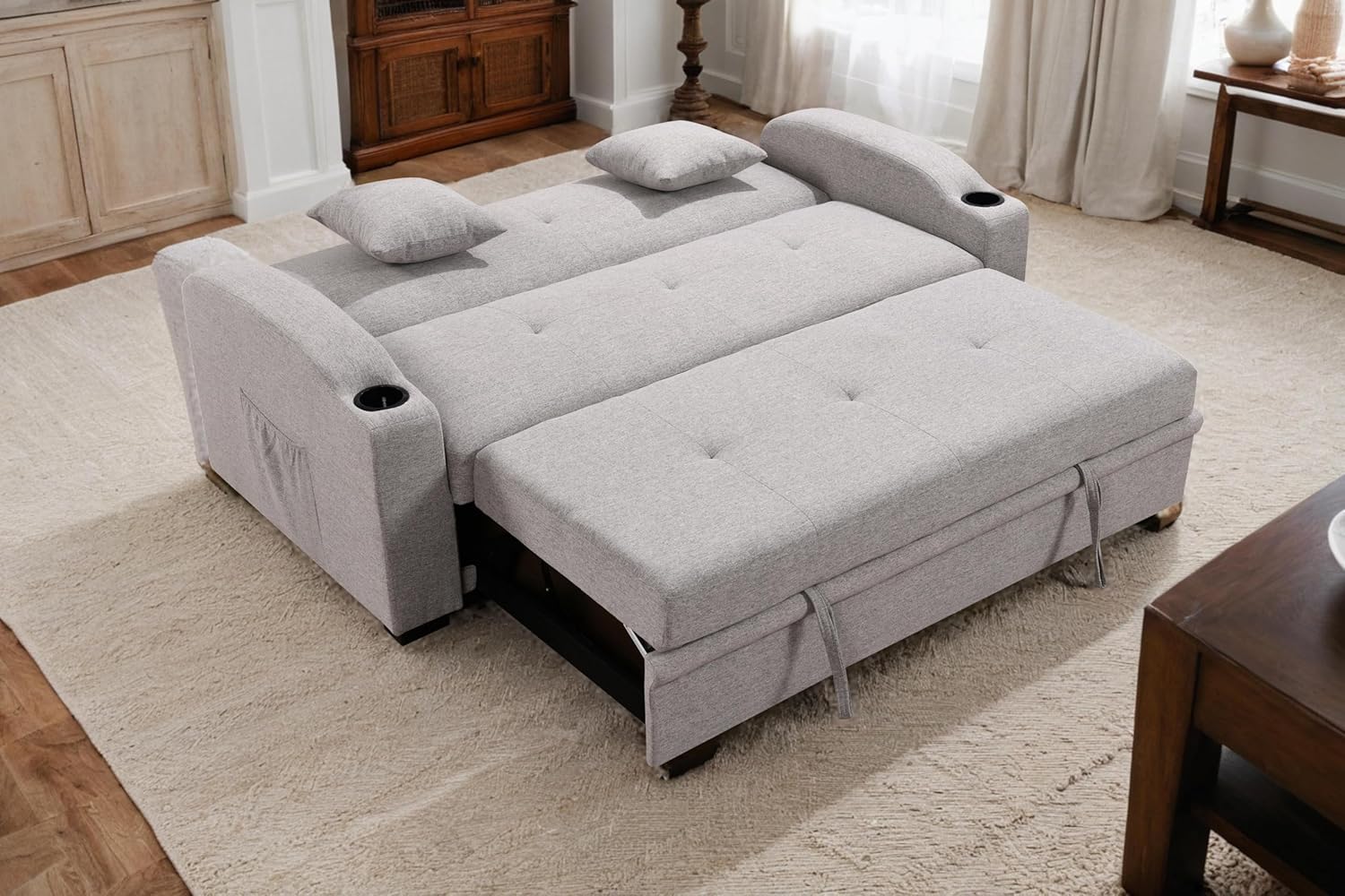 75'' Queen Size Sleeper Sofa Couch with Pull Out Bed and Cup Holders, Convertible Loveseat Futon Couches with Adjustable Backrest and Side Pocket, Sofas Beds for Living Room, Grey