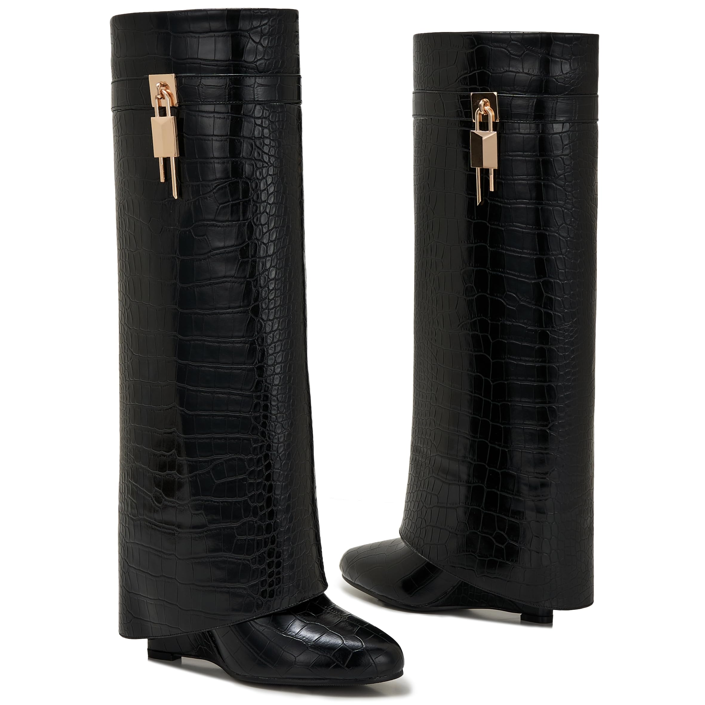 CDHYX Fold Over Boots for Women Pointy Pull-on Wedge Heel Knee Shark Boot With Side Zipper Padlock Design: 5.5 Black-crocodile-1