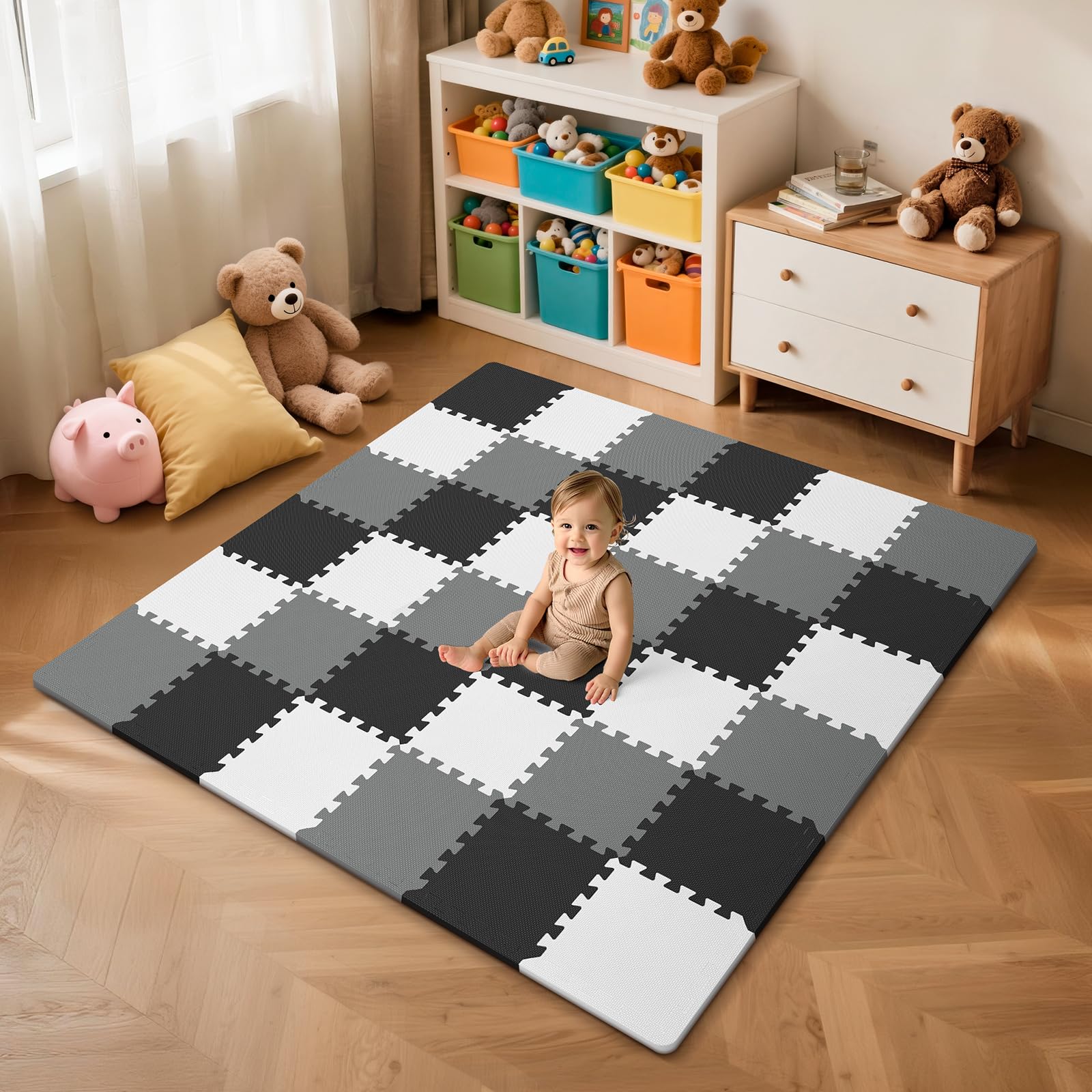 Baby-Spielmatte für Boden, Schaumstoff-Bodenfliesen für Kinder mit ineinandergreifenden Quadraten, Schaumstoff-Puzzle-Teppich für Spielzimmer, Krabbelteppich für Babys von 6–12 Monaten, Kleinkinder