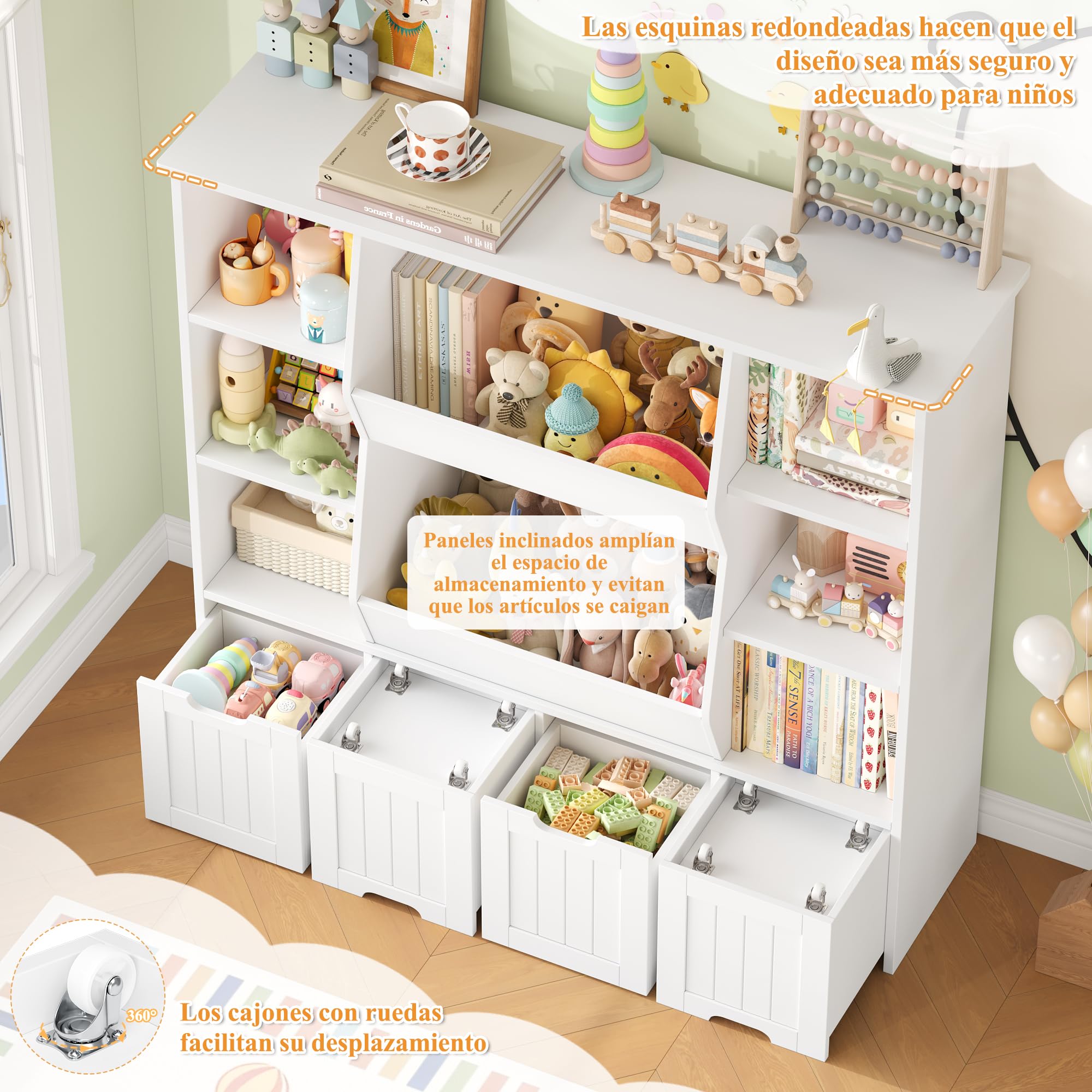 FOREHILL Mueble Organizador Juguetes, Mueble Almacenaje Juguetes, Estanteria Montessori, Organizador de Juguetes Infantil, Estanteria Infantil, 4 Cajones con Ruedas, 8 Compartimentos, Blanco