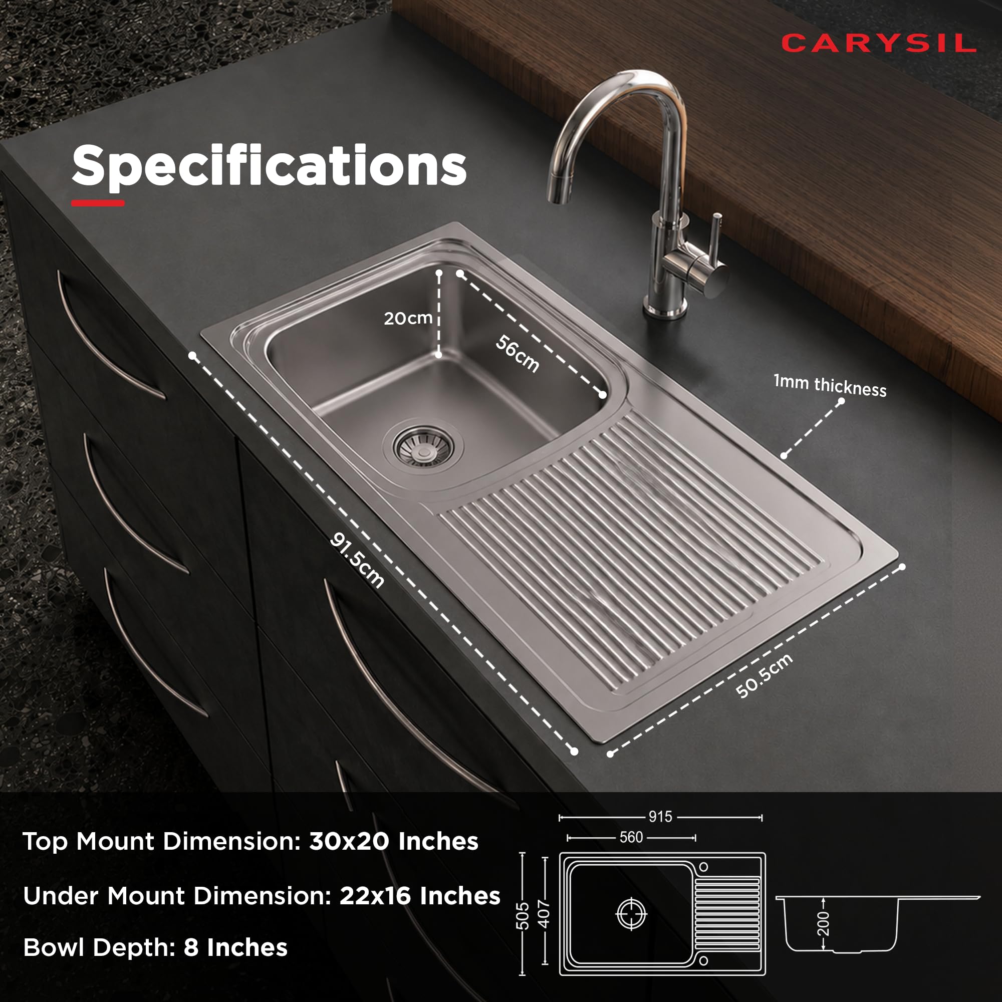 Carysil VSG Pro Stainless Steel Sink - Deep Bowl, FREE SHIPPING -4