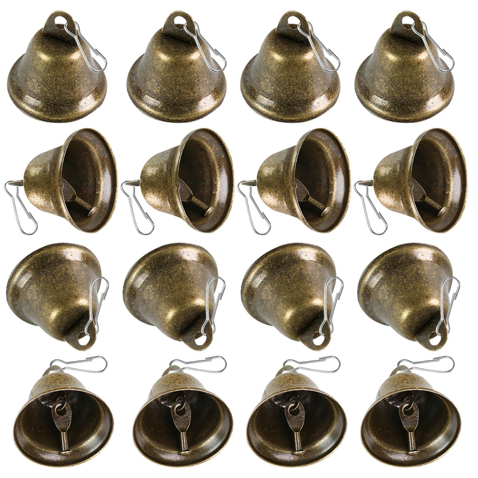 BigOtters Craft Bells, 16PCS Bronze Jingle Vintage Bells (1.5" X 1.7") with Spring Hooks Hanging for Wind Chimes Housebreaking Making Dog Potty Training Doorbell Wedding Decor DIY Favor