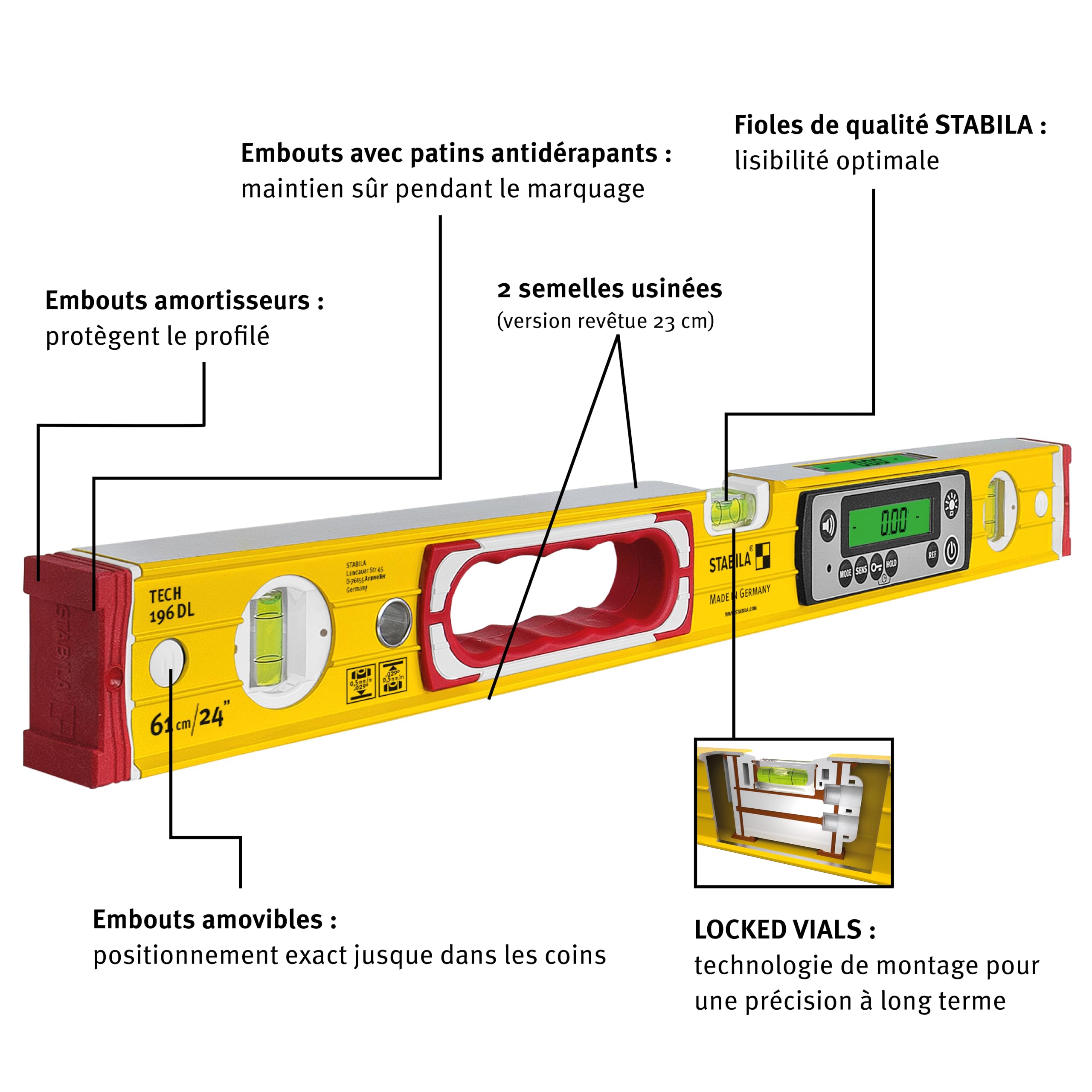 STABILA Niveau à bulle électronique TECH 196M DL - Niveau à bulle numérique étanche à l'eau et à la poussière selon IP 67-2 écrans numériques - Sans calibration - Avec sac - 61 cm