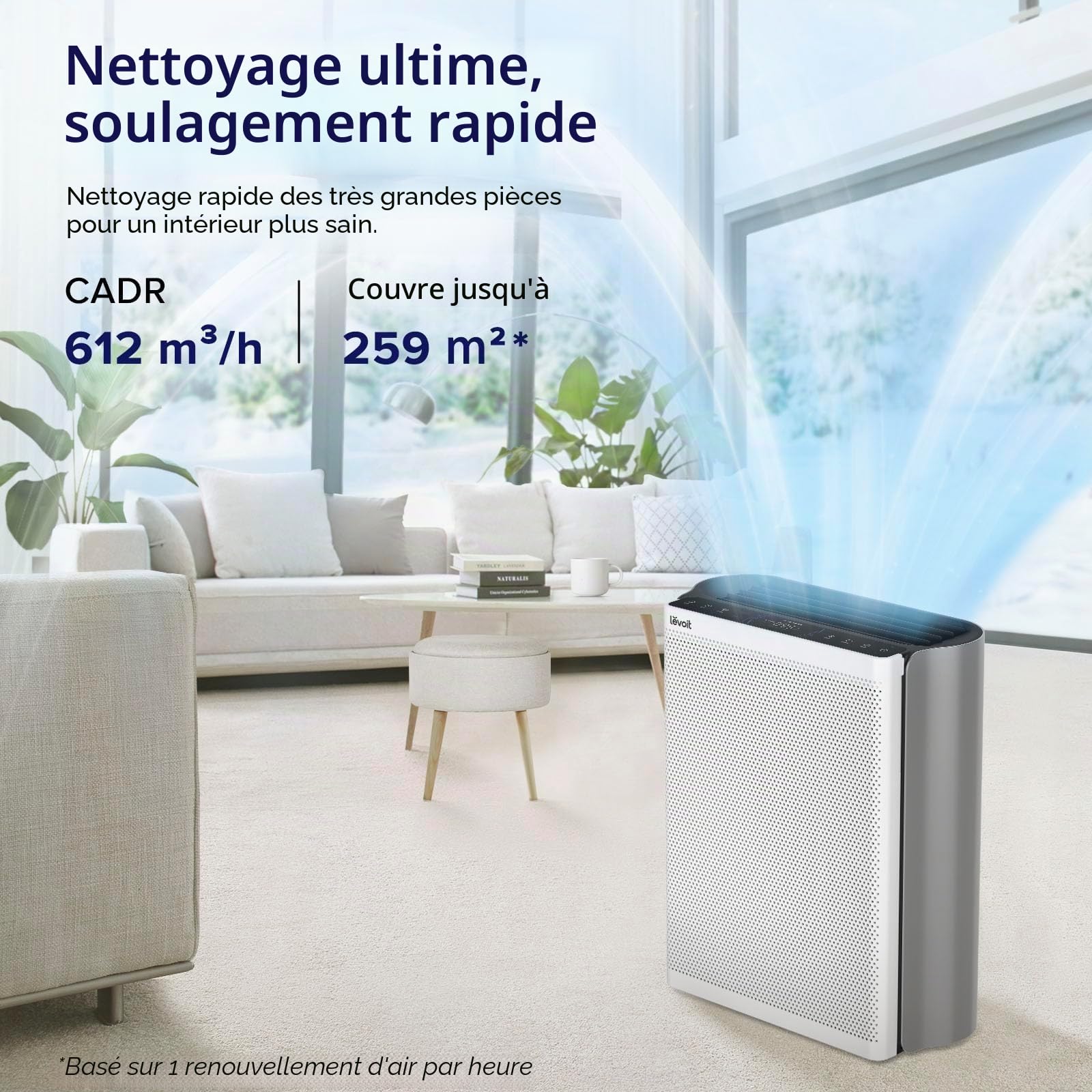 LEVOIT Purificateur d'air, adapté aux personnes allergiques, pour les grandes pièces, avec préfiltre lavable, CADR 612 m³/h, moniteur de qualité de l'air à 3 canaux, Wi-Fi intelligent et filtre pour