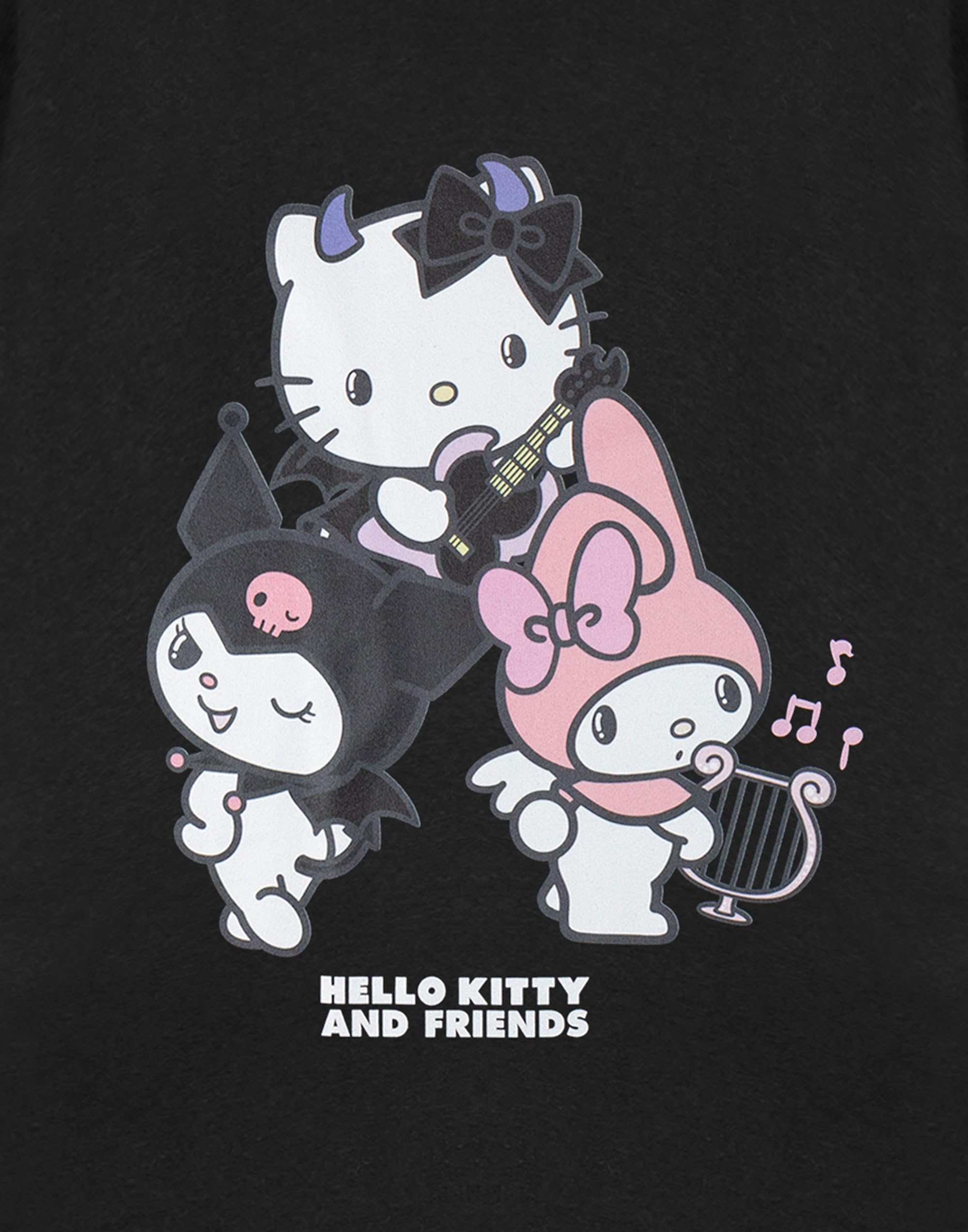 Hello Kitty & Friends damska czarna koszulka z krótkim rękawem | Rock Life Graphic Tee | Odzież postaci Sanrio | Top w stylu retro dla kobiet i dziewcząt