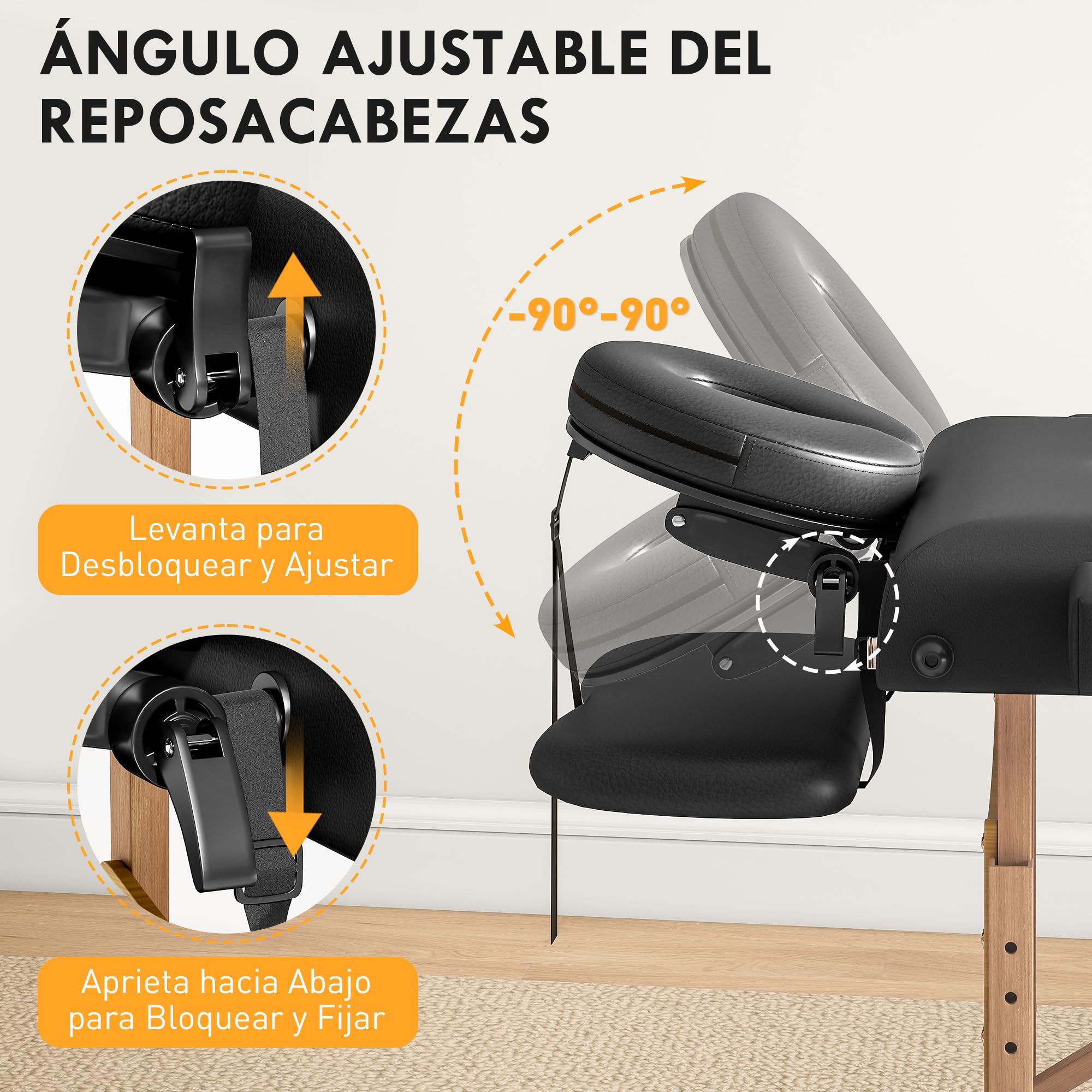 HOMCOM Camilla Masaje Plegable Portátil Camilla Estética Profesional de Madera de 3 Zonas con Altura Ajustable Reposacabezas Reposabrazos Acolchados para SPA Pestañas Tatuajes 215x60x62-89 cm Negro