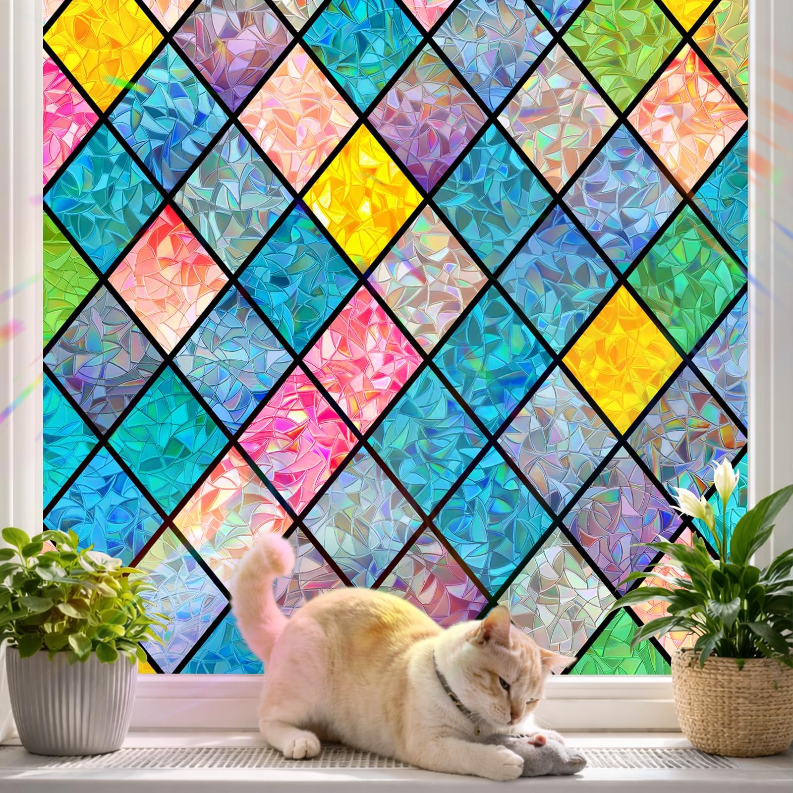 Zindoo Stained Glass Window Film Privacy Film for Glass Windows, Decorative 3D Rainbow Stickers UV & Glare Blocking, Static Cling No Glue Lattice Coverings Decals for Home Door, 44.5x200cm