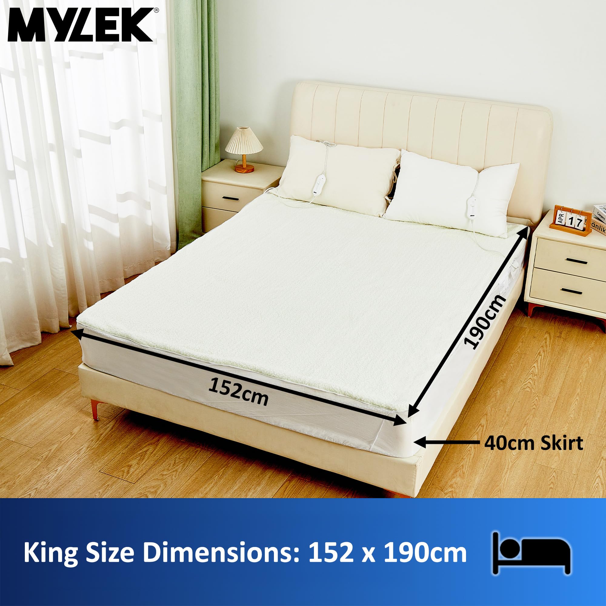 Mylek Heizdecke in King-Größe und Doppelkontrollfunktion – 152 x 190 cm – Voll ausgestattetes Premium Fleece-Unterbett/Wärmeunterbett mit Gummizug – Überhitzungsschutz-System mit automatischer Abschaltfunktion – schnelles Aufwärmen – maschinenwaschbar und