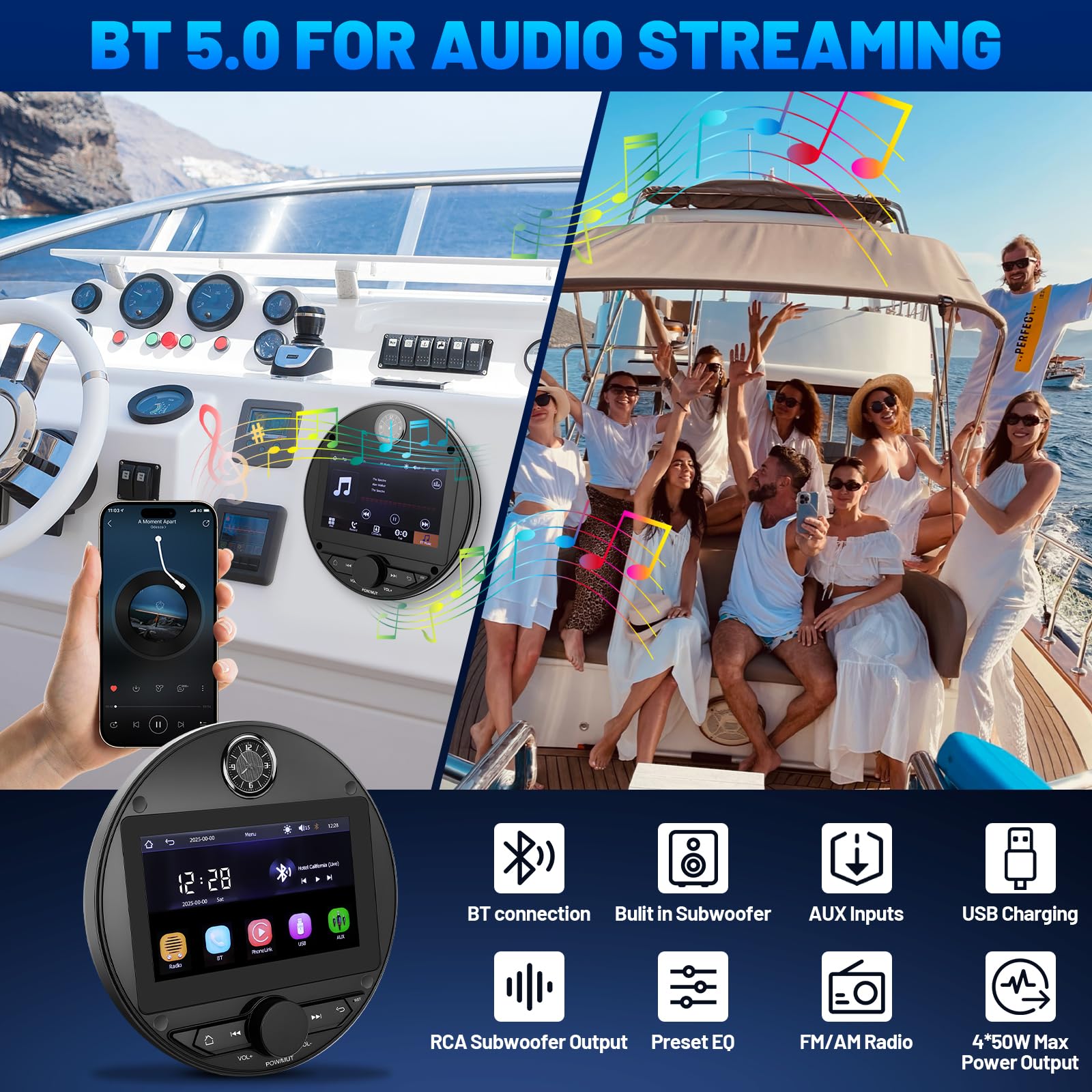 Reproductor Estéreo Marino Mejorado Marine Radio con CarPlay y Android inalámbrico para Uso Marino, Barco, Coche Conexión BT5.0, Reproducción de Películas