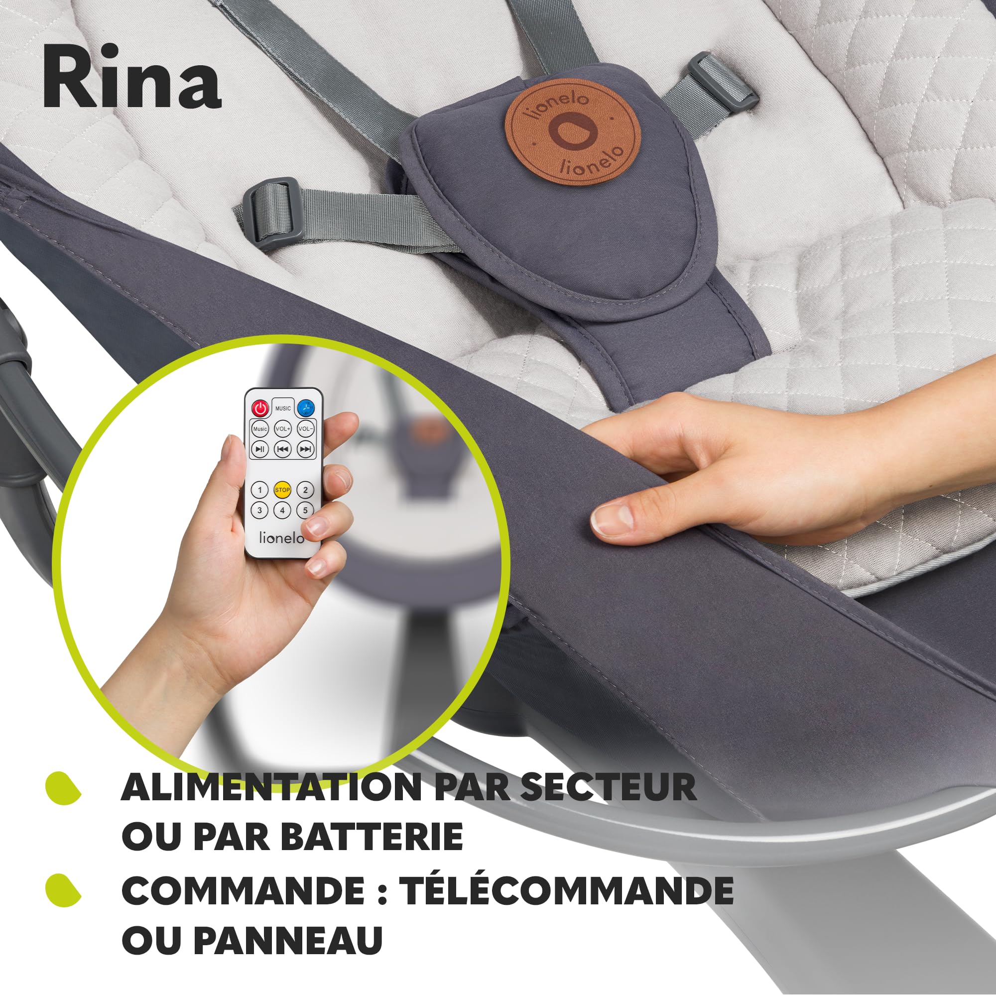 LIONELO Rina balancelle et transat 2en1 – télécommande, Assise pivotante 360°, 2 Directions de Balancement, 5 Vitesses, Blocage, réglage du Dossier, minuterie, 12 mélodies, Fonctionnement Silencieux
