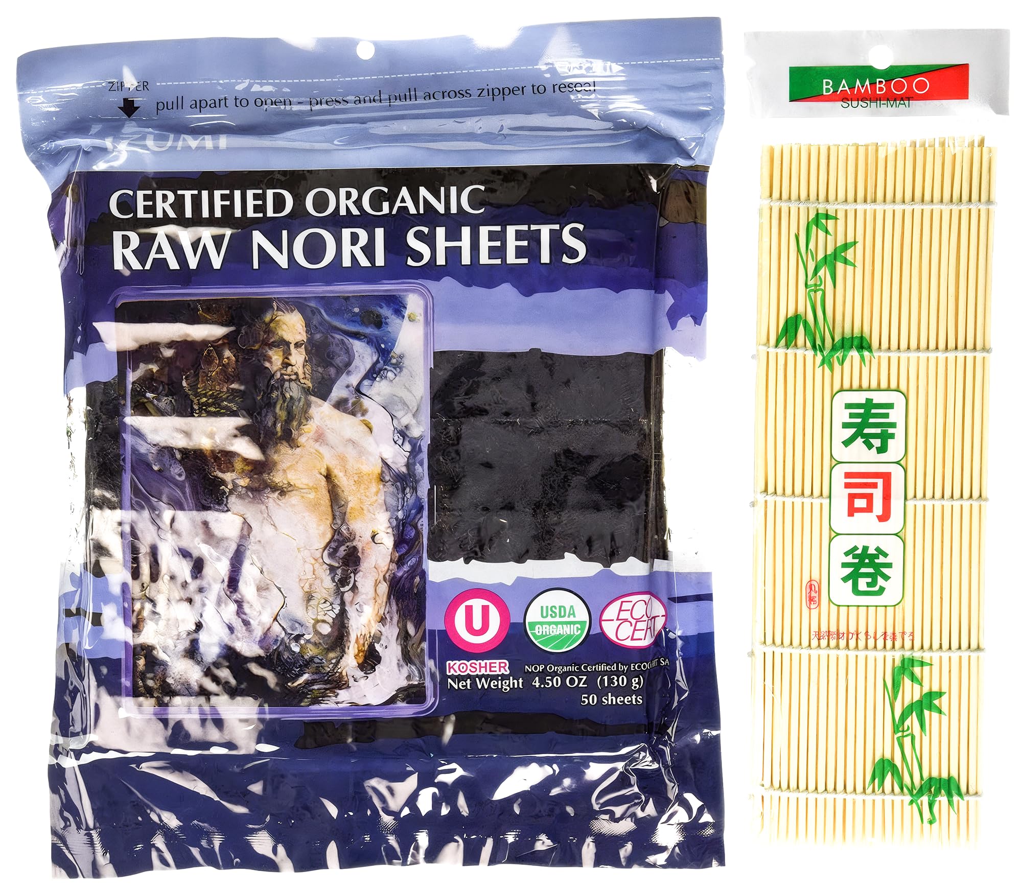 Raw Organic Nori Sheets 50 qty Pack + Free Sushi Roller Mat! - Certified Vegan, Raw, Kosher Sushi Wrap Papers - Premium Unheated, Un Cooked, untoasted, dried - RAWFOOD