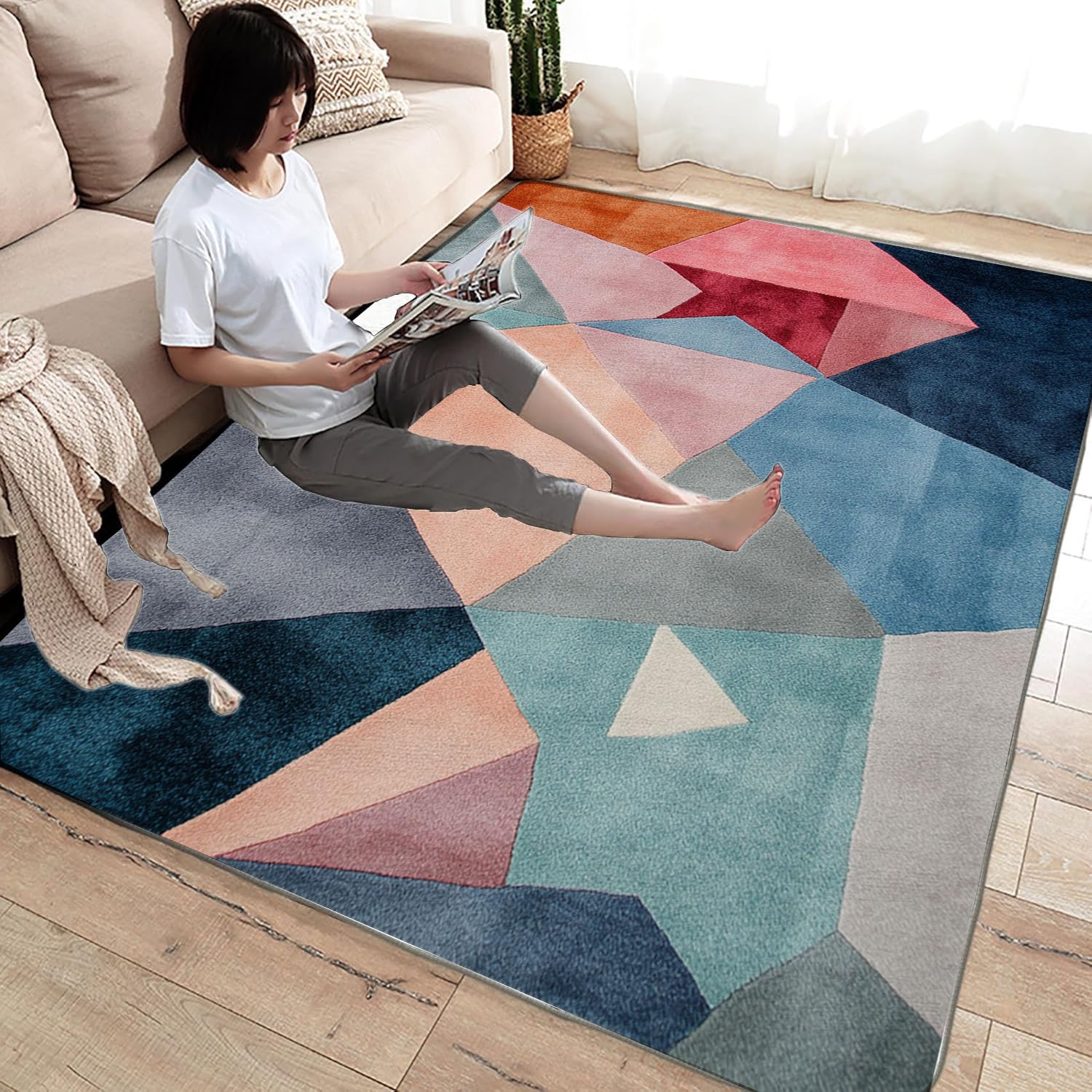 Waschbare Teppiche Abstrakter Patchwork-Druck Teppich, Wohnzimmer Teppich, Teppiche Wohnzimmer Bunt, Carpet Bedroom, Zimmer Deko.(blau)-180x240cm