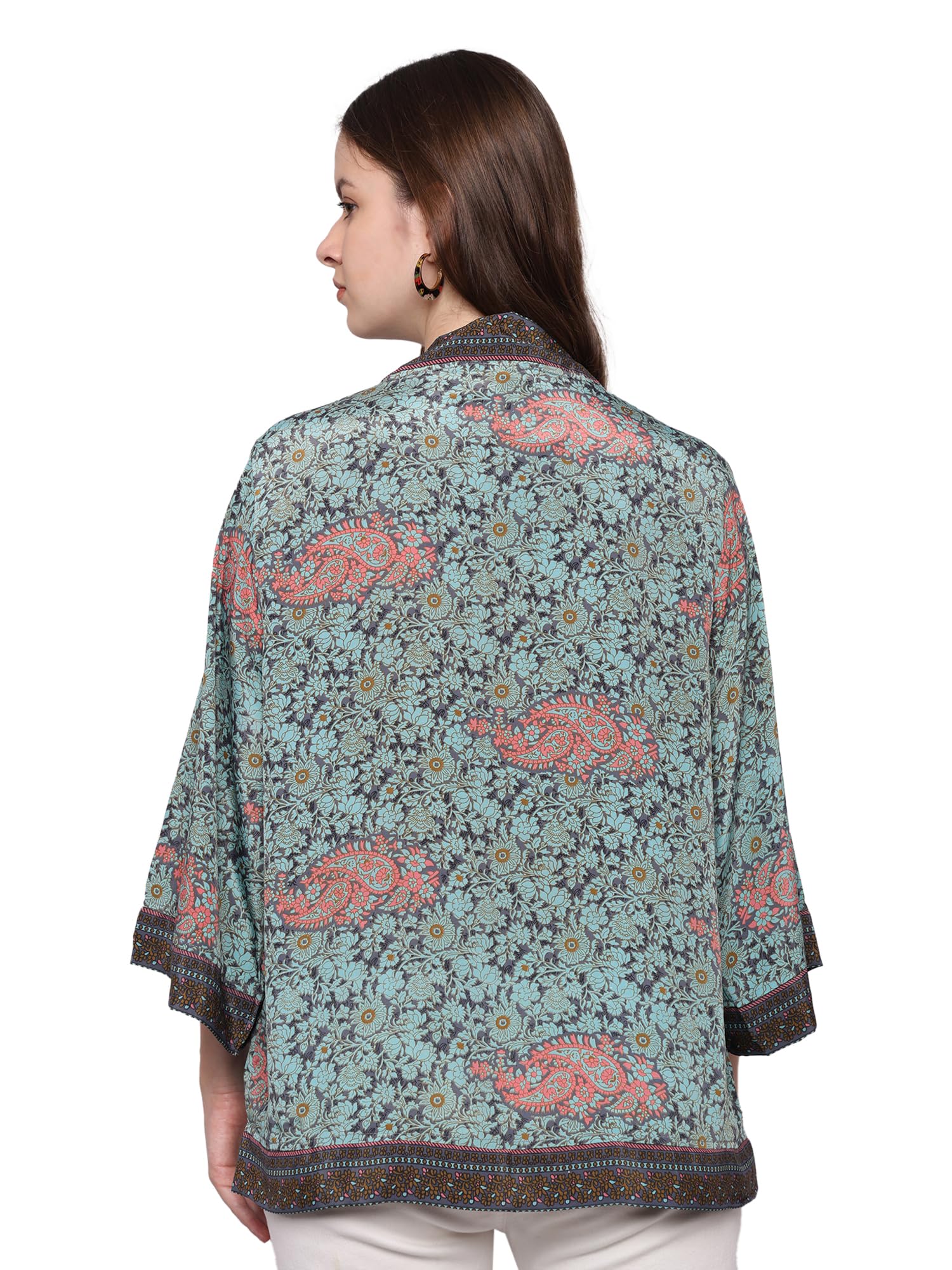 KE KANHA EXPORTS Women's Boho Border Print Shrug|Stylish Kimono Jacket Cover Up|Soft Silky-Feel Premium Fabric|Blue Multicolor|Easily Fits S-M-L|Bust 30-42 in|Length 28 in|Pack of 1 (1147) 3