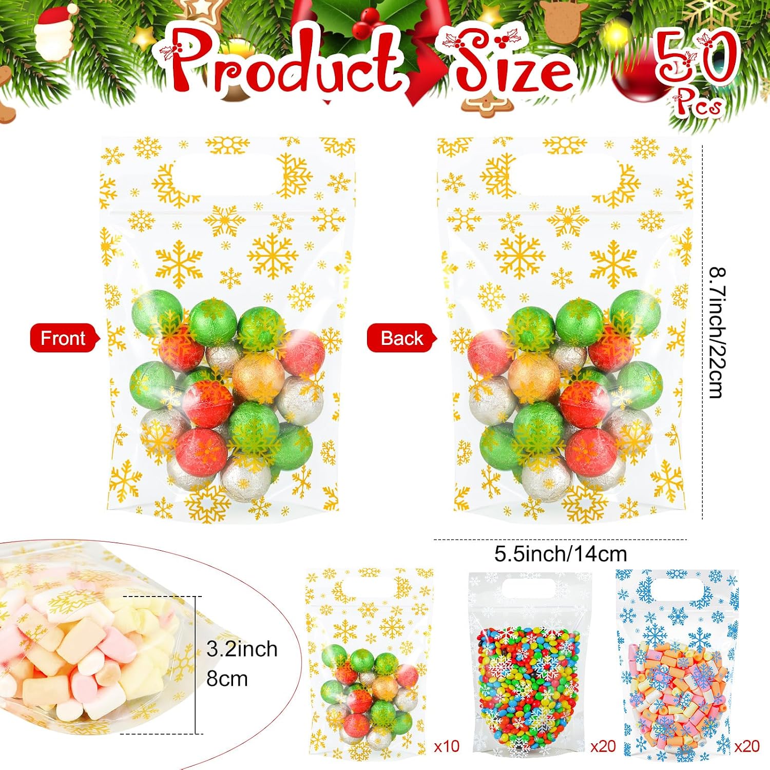 Fuutreo 50 Pcs Snowflake Gift Bags Snow, Resealable Plastic with Handles image 2