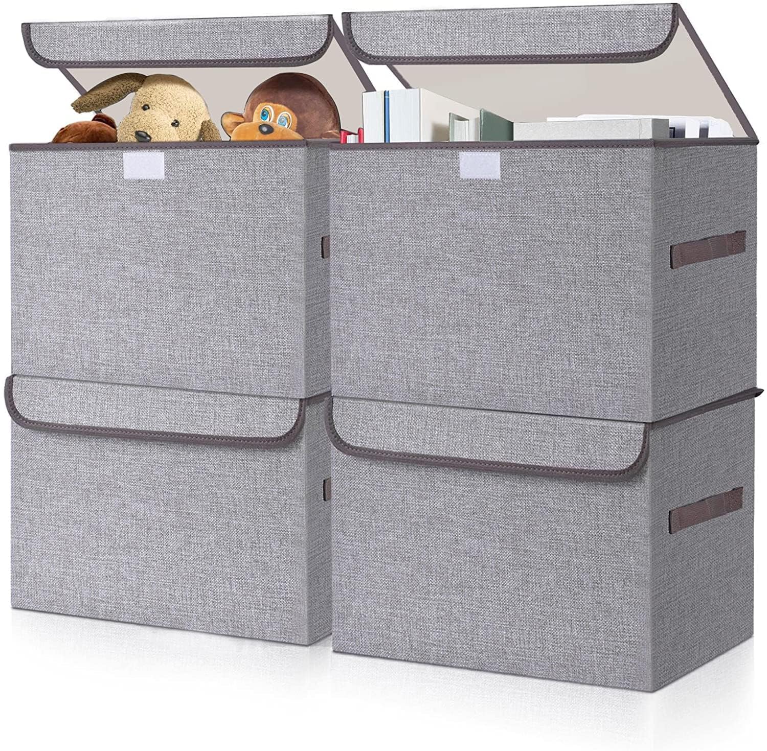 Large Linen Fabric Foldable Storage Bin Cube Organizer Basket with Flip-Top Lid & Handles, Clothes Blanket Box for Home, Office, Closet, Gray, 4 Pack 14.2 x 9.8 x7.9”