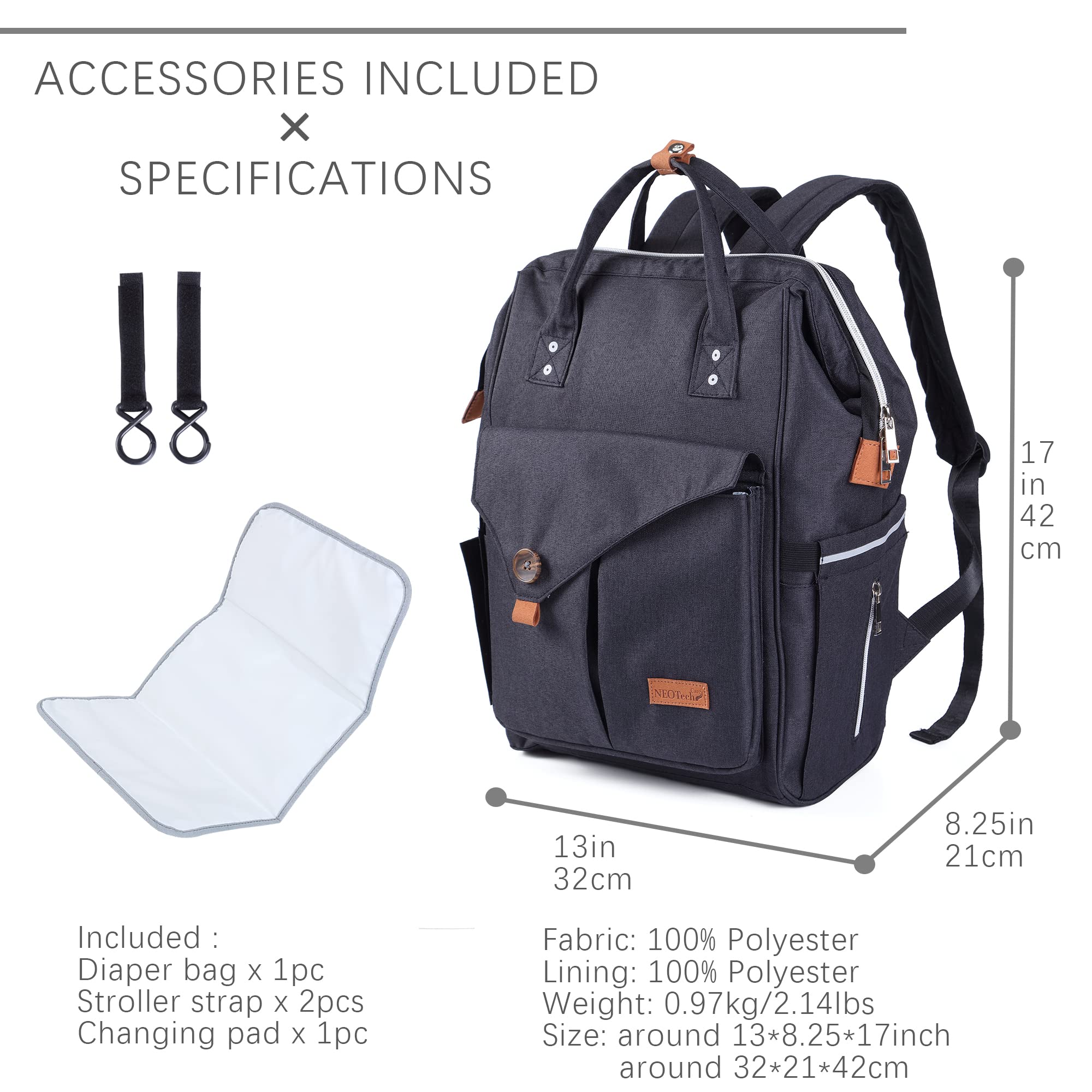NEOtech Care Sac à dos à langer pour bébé garçon ou fille, avec sangles à poussette/Organisateur couches, biberons et accessoires nouveau-né (Noir)