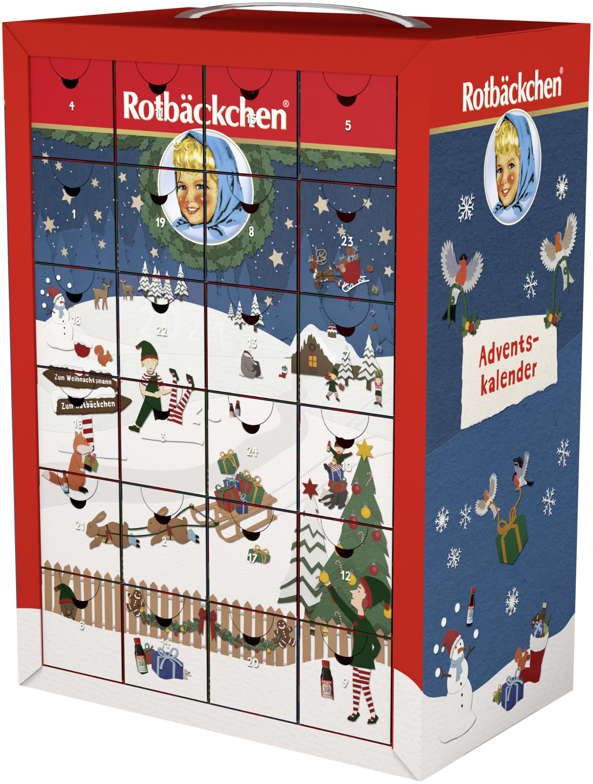 ROTBÄCKCHEN Saft Adventskalender 2024 | 24 Fläschchen 8 beliebter Sorten – Ohne Zuckerzusatz, reich an Vitaminen – Gesunder Adventskalender für Kinder & Erwachsene