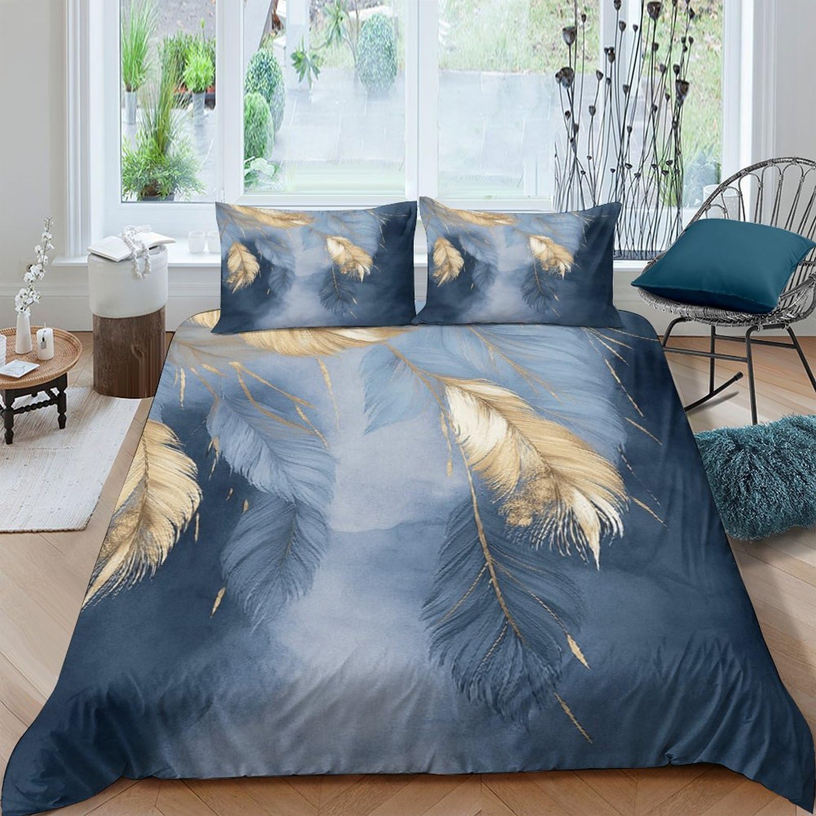 Ctjqhvkz Style-1 3D Printed Golden Feather Fitted Sheet Microfiber Blue Smoke Mattress Cover For Bedroom Dorm Easy Care Decor Single（135X200cm）