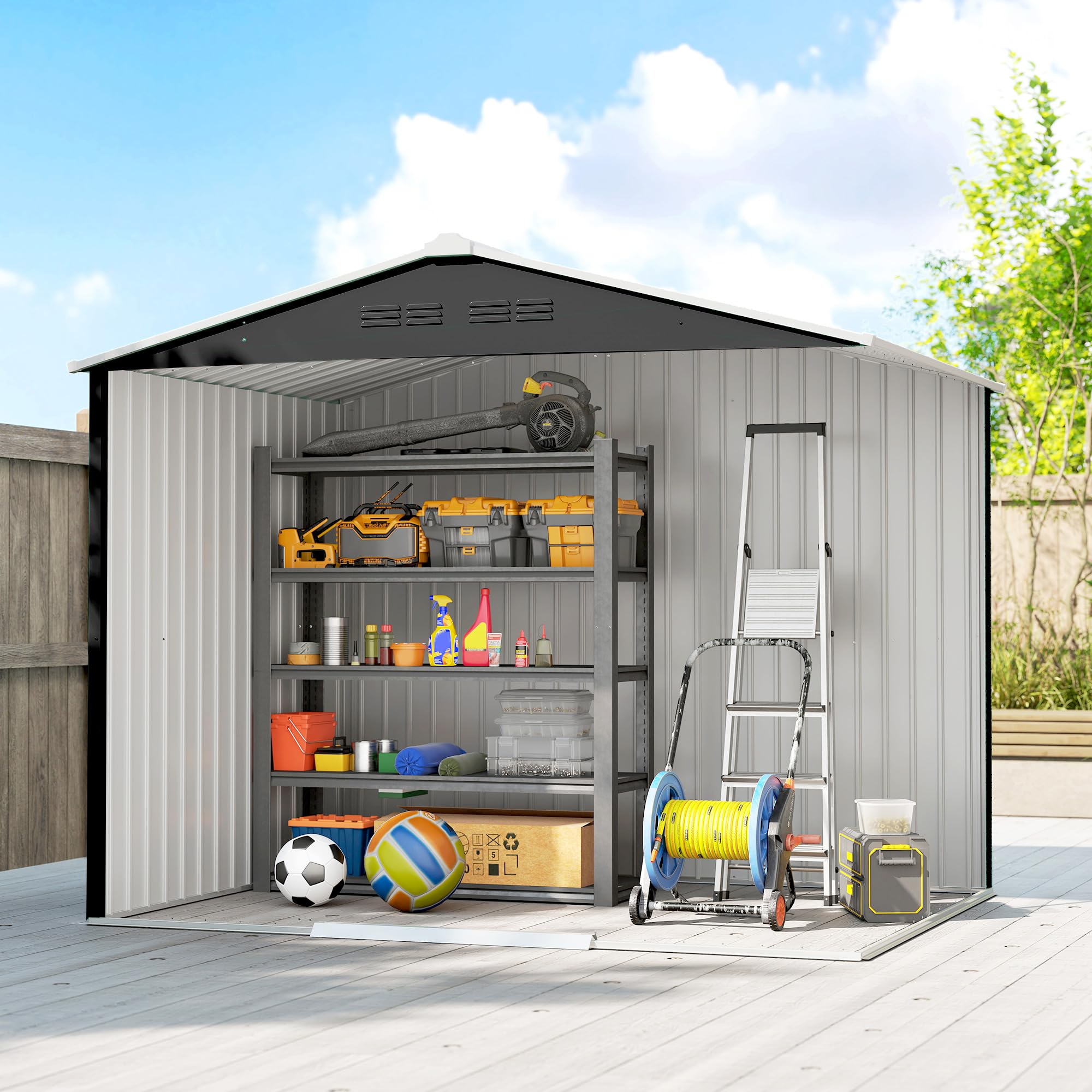 Outsunny Casetta da Giardino 3.6m² in Acciaio Zincato con Prese d'Aria, Capanno da Giardino con Doppia Porta Scorrevole Bloccabile e Tetto Inclinato, Capanno Porta Attrezzi da Esterno, Grigio Scuro