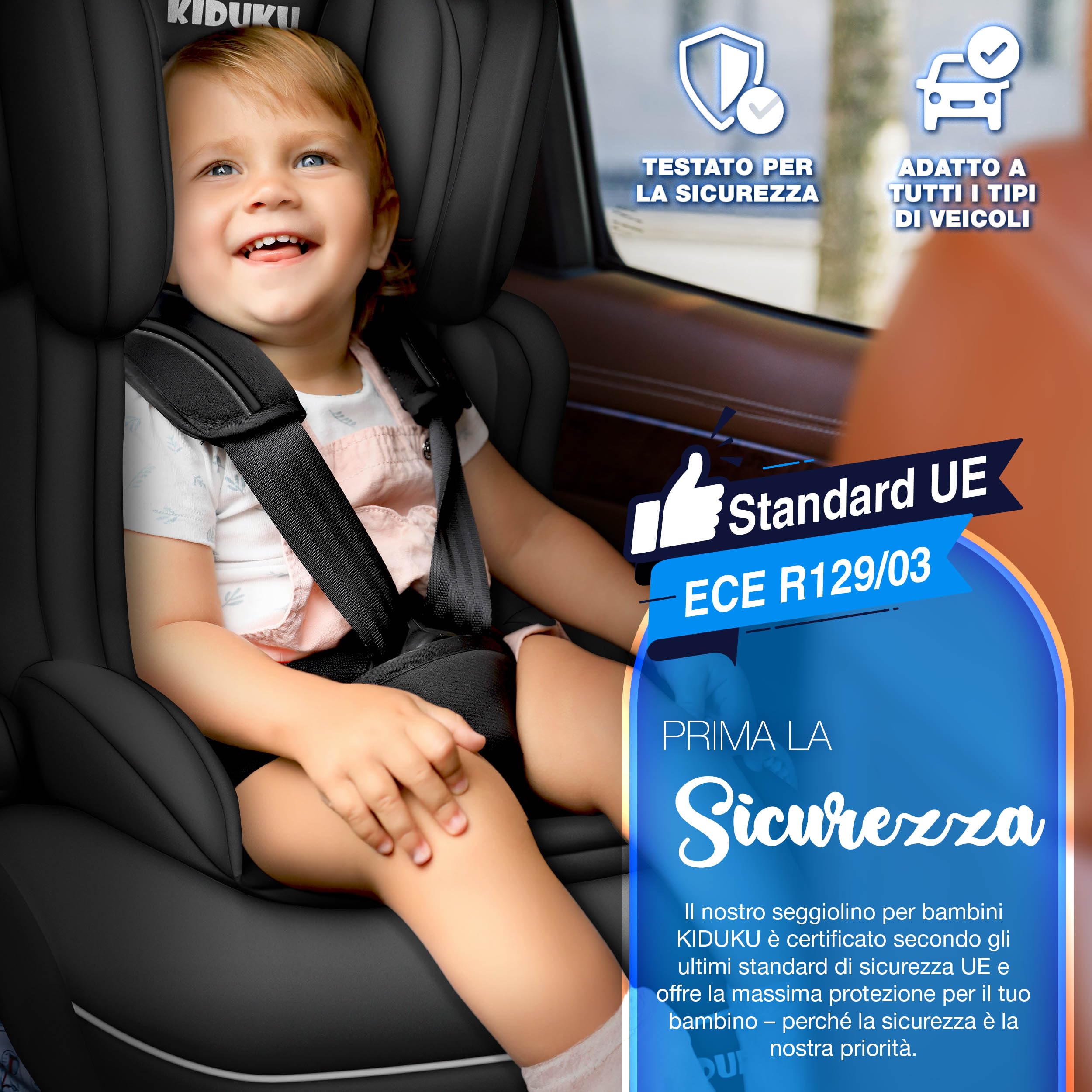 KIDUKU Seggiolino auto con coprisedile, cresce con il bambino, sedile, universale, approvato con la normativa ECE R129/03, 9-36 kg (1-12 anni), gruppo 1+2+3 (Noir)