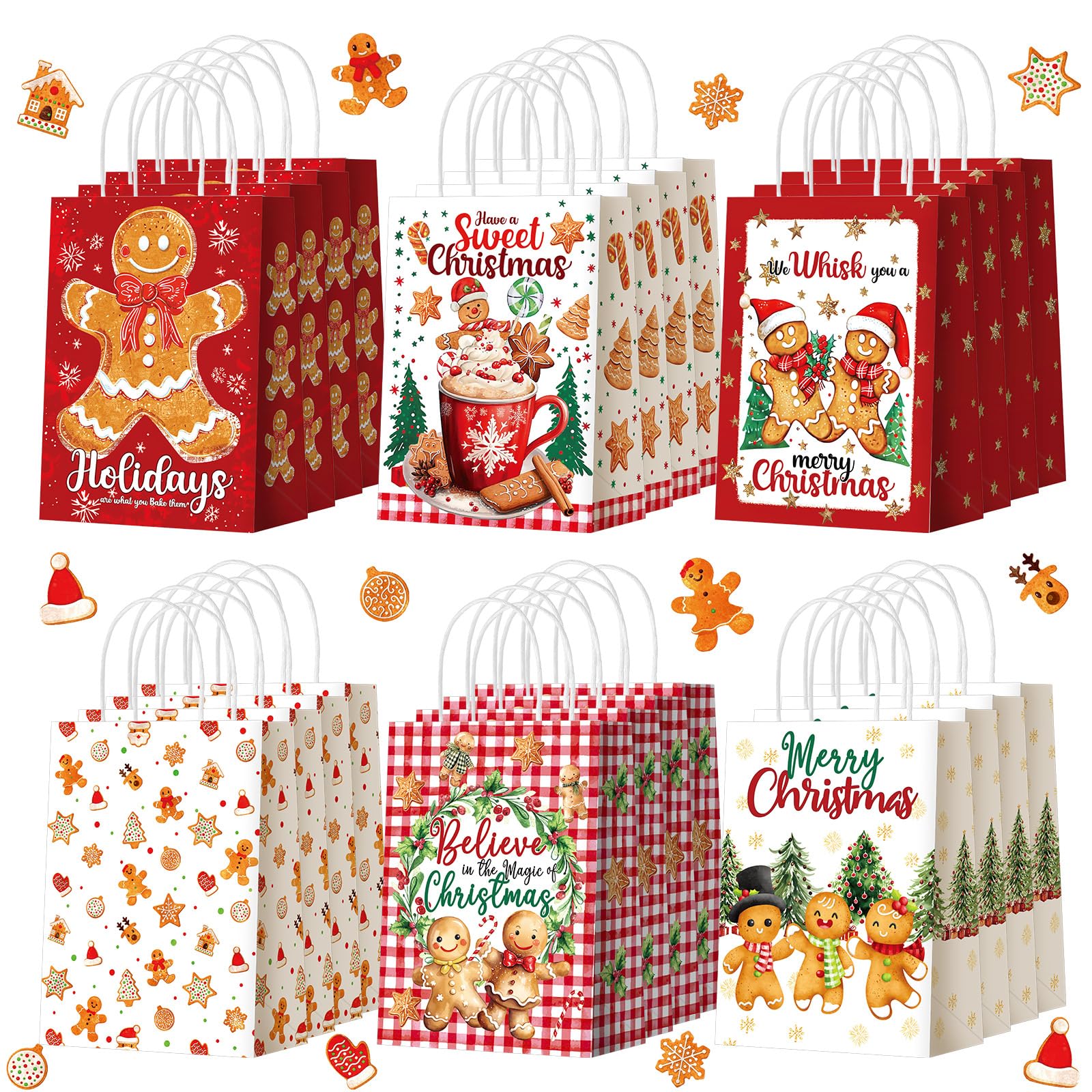 Kolldenn 24 Pcs Christmas Gingerbread Party Favors Bags Christmas Goodie Gift Paper Bags with Handles Xmas Tree Gingerbread Coffee Candy Treat Bag for