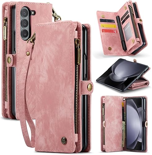 Miniatura 10 de Kowauri Funda para Samsung Galaxy Z Fold 5, con cremallera, magnética, de piel, con soporte para bolígrafo S, correa de muñeca, tarjetero a prueba