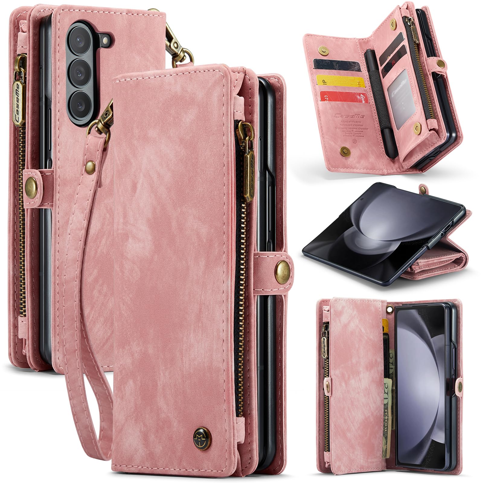 Etui do Samsung Galaxy Z Fold 8 Ultra Portfel z 5 etui na karty i 2 gniazdami gotówkowymi Magnetyczna kieszeń z zamkiem błyskawicznym, skóra premium PU ze smyczą, uchwyt na długopis S