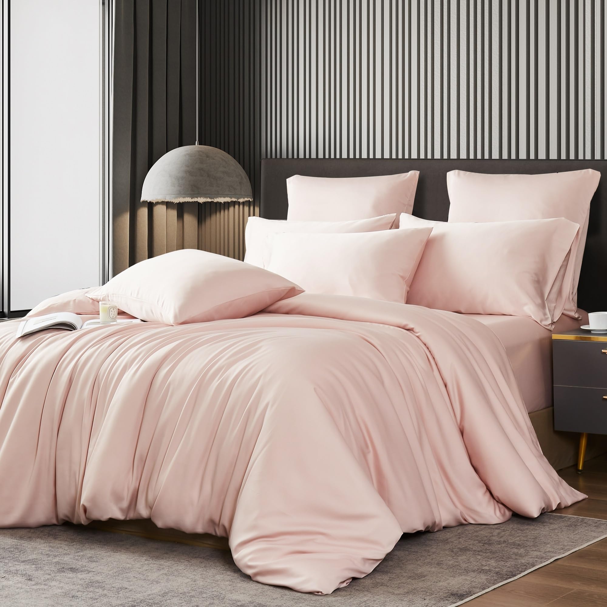 Luowei Sommer Kühlende Bettwäsche 135x200 cm Rosa 100% Bambus Lyocell Bettbezug Set Atmungsaktiv Hübsch Oeko-TEX Zertifiziert Bettwäsche mit Reißverschluss und 1 Kissenbezug 80x80 cm