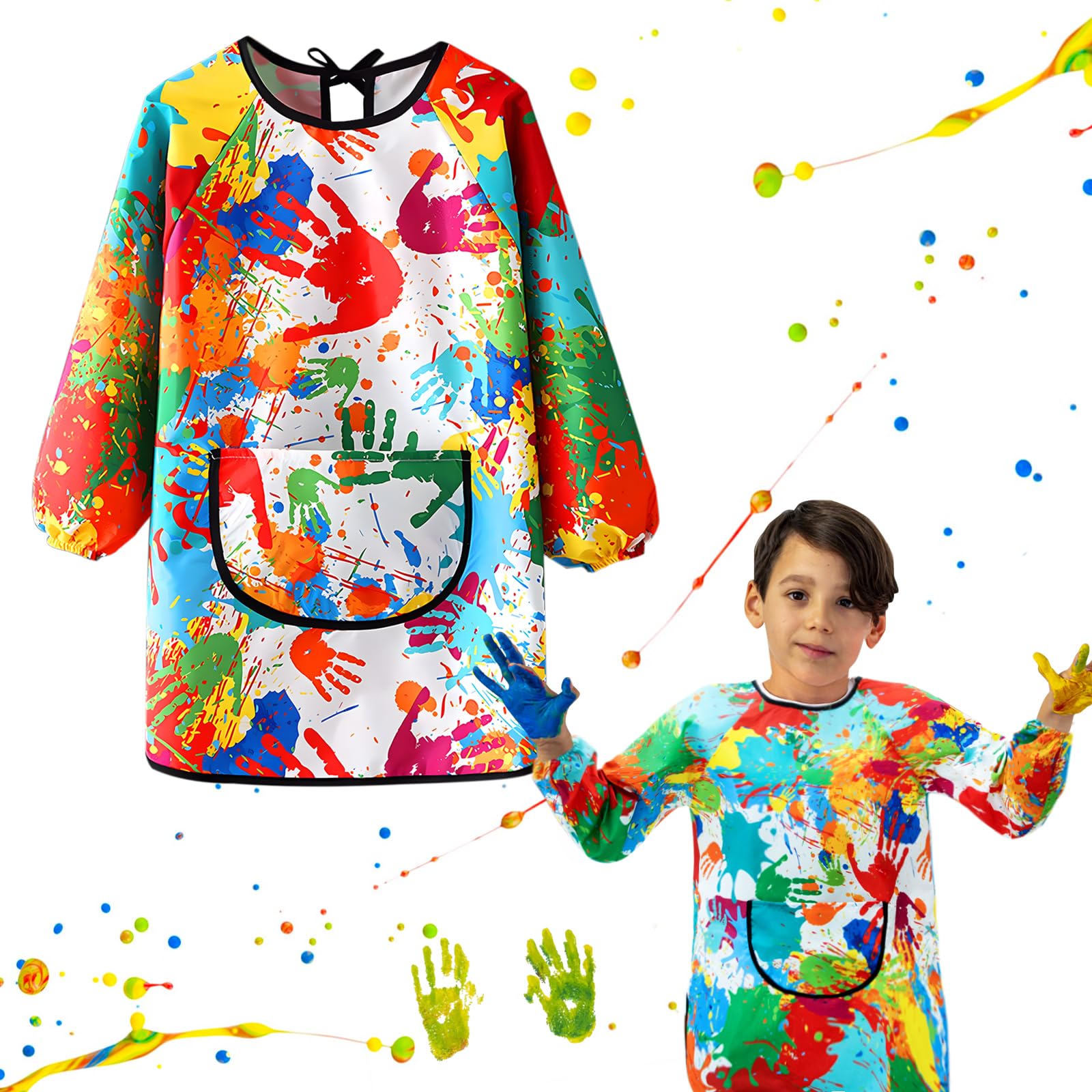 GEBETTER Babi Escolar Infantil, Delantal Niños, Delantal Infantil, Bata Escolar Pintura Impermeable Manga Larga Bolsillo Tira Espalda Guardería Colegio Escuela Casa, Niño Niña 7 8 9 10 11 Años
