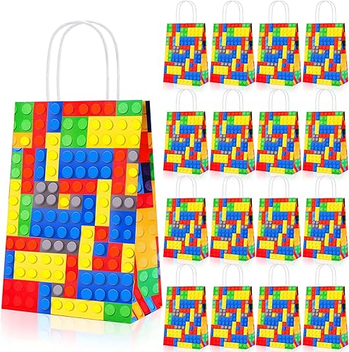 Diomelu 24 bolsas de bloques de construcción, bolsas de dulces de ladrillos de color, bolsas de regalo para fiestas temáticas con asas, bolsa de