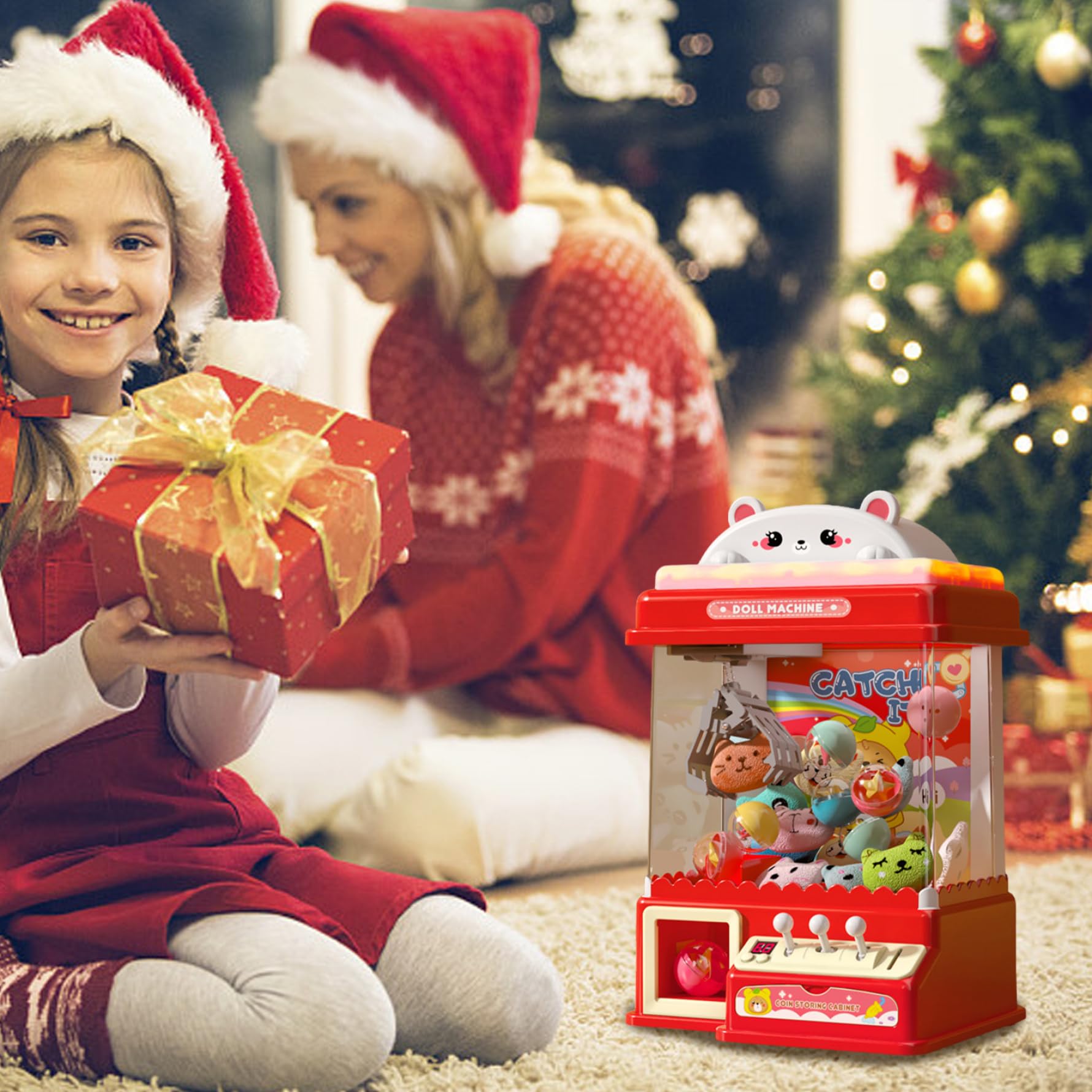 Macchina per artigli per bambini, macchina per artigli a tema orsetto carino con 10 bambole, 10 uova e 20, mini festa di compleanno di Natale a doppia alimentazione per bambini, ragazzi e ragazze