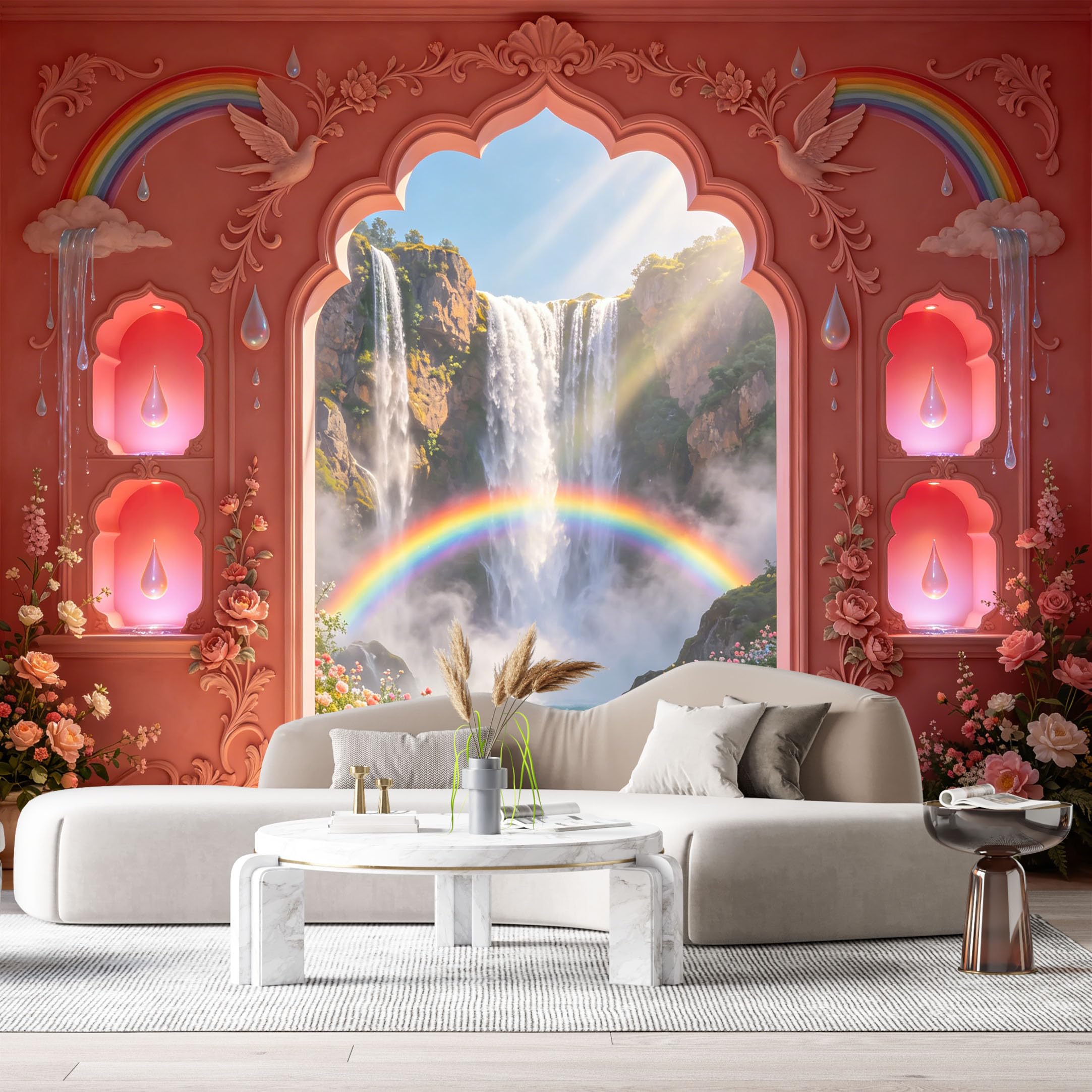 Custom Size Wall Murals Fantasy Rainbow Waterfall Landscape Oil Painting 3D Trompe L'Oeil SelfAdhesiveWall Fabric Removable Wallpaper Wall Decor for Living Room Bedroom Bathroom