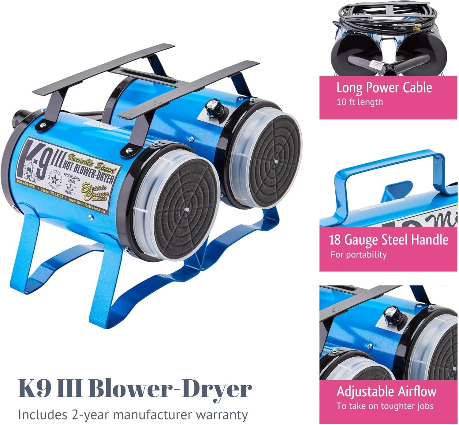 Electric Cleaner Company ECC K-9 III Variable Speed Dog Dryer - High Velocity Blow Dryer for Pets, Metallic Blue