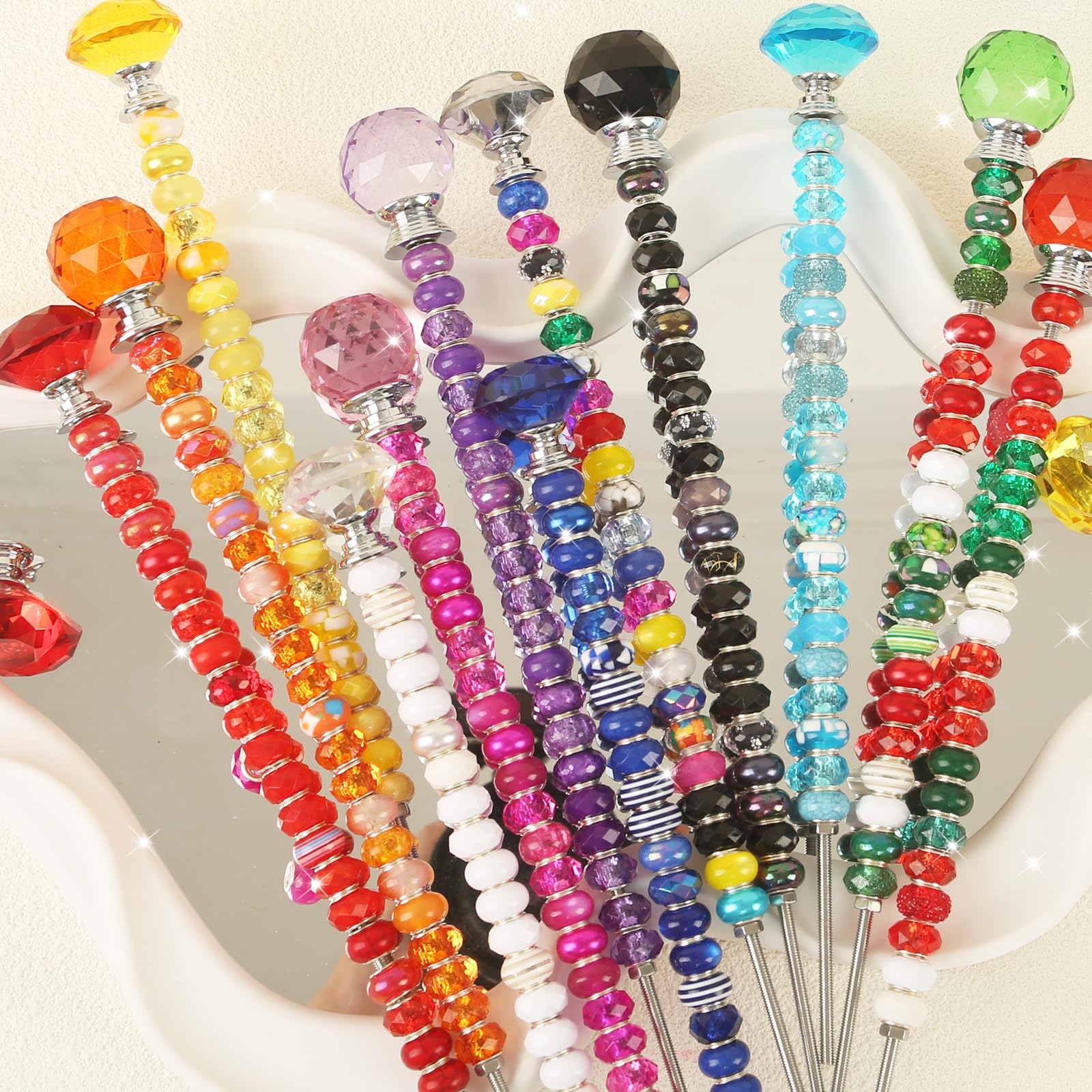 300 Stück Gartenstecker DIY Feenstab Gartenstecker Kit, Bunte große Lochperle, Kristall-Diamant-Stopper, 12 Edelstahl-Gewindestangen, Perlenfeenstäbe, Zubehör für den Außenbereich, Perlendekoration,