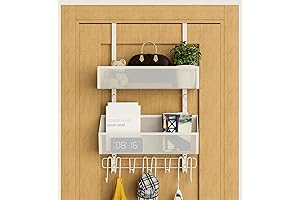 Over The Door Organizer Hanging Coat Rack with 2 Mesh Baskets Ivory